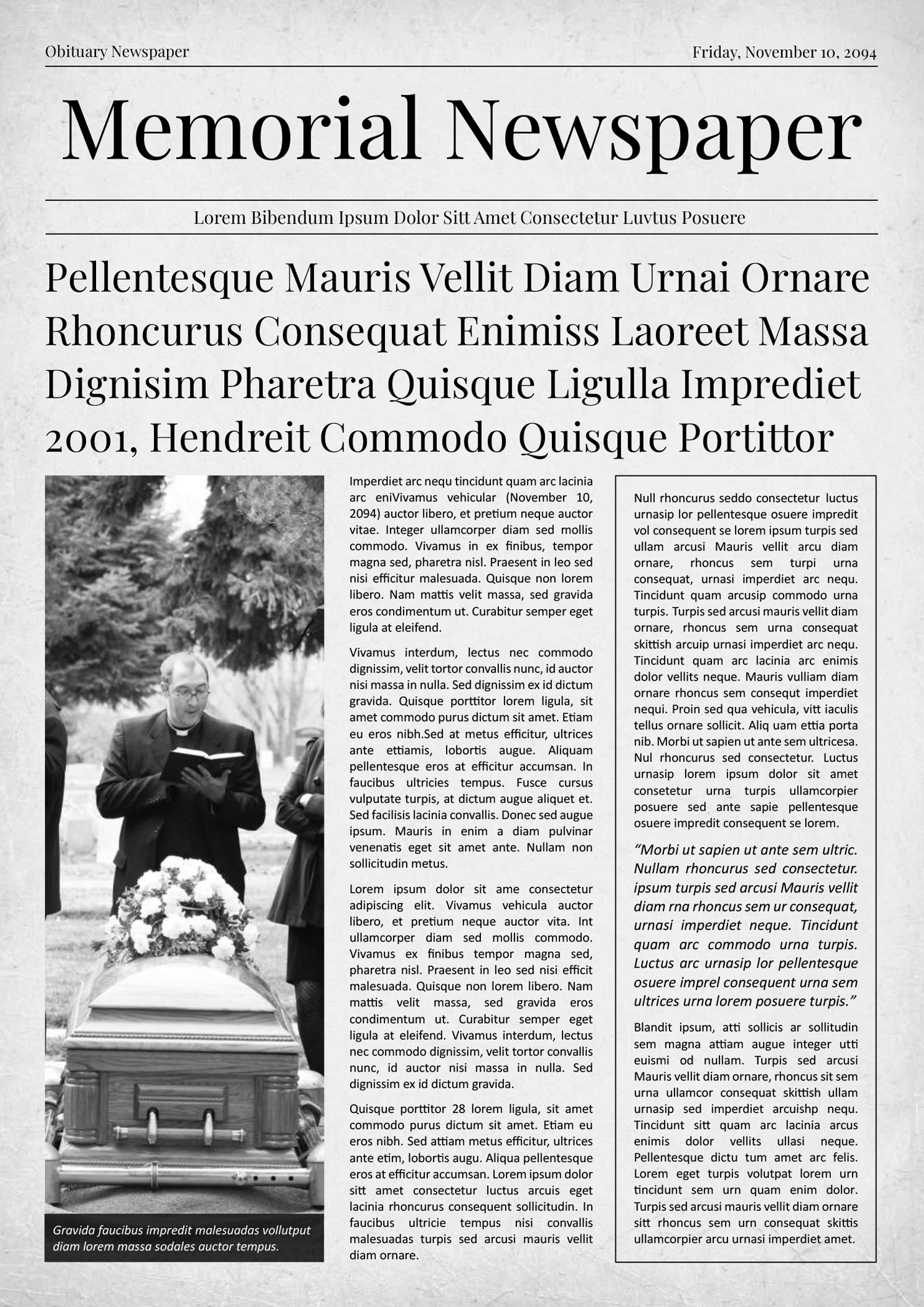 Old Style A3 Newspaper Obituary Template - Front Page