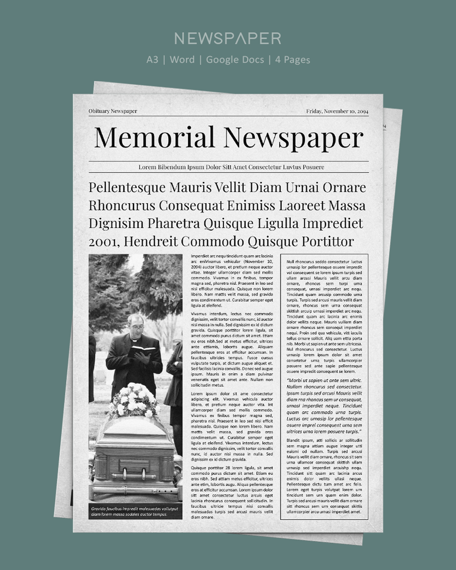 Old Style A3 Newspaper Obituary Template - Word, Google Docs