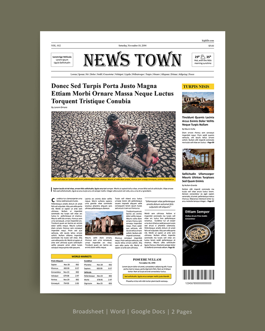 Yellow Newspaper Front Page Template - Word, Google Docs
