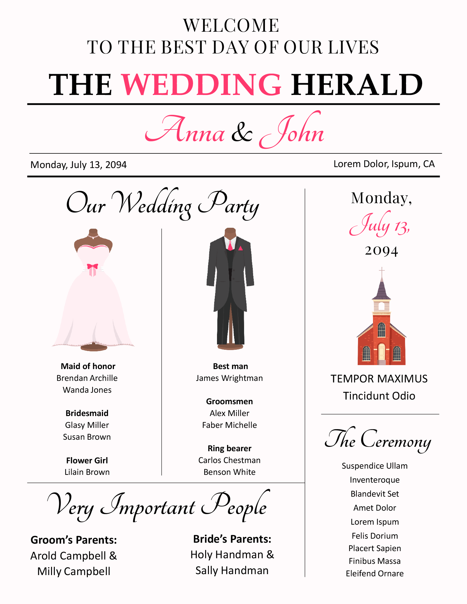 8.5x11 Infographic Wedding Program Template - Front Page