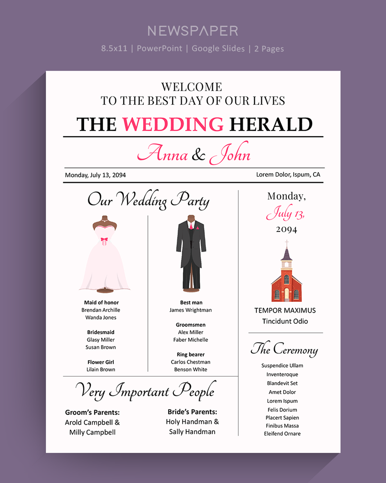 8.5x11 Infographic Wedding Program Template - PowerPoint, Google Slides
