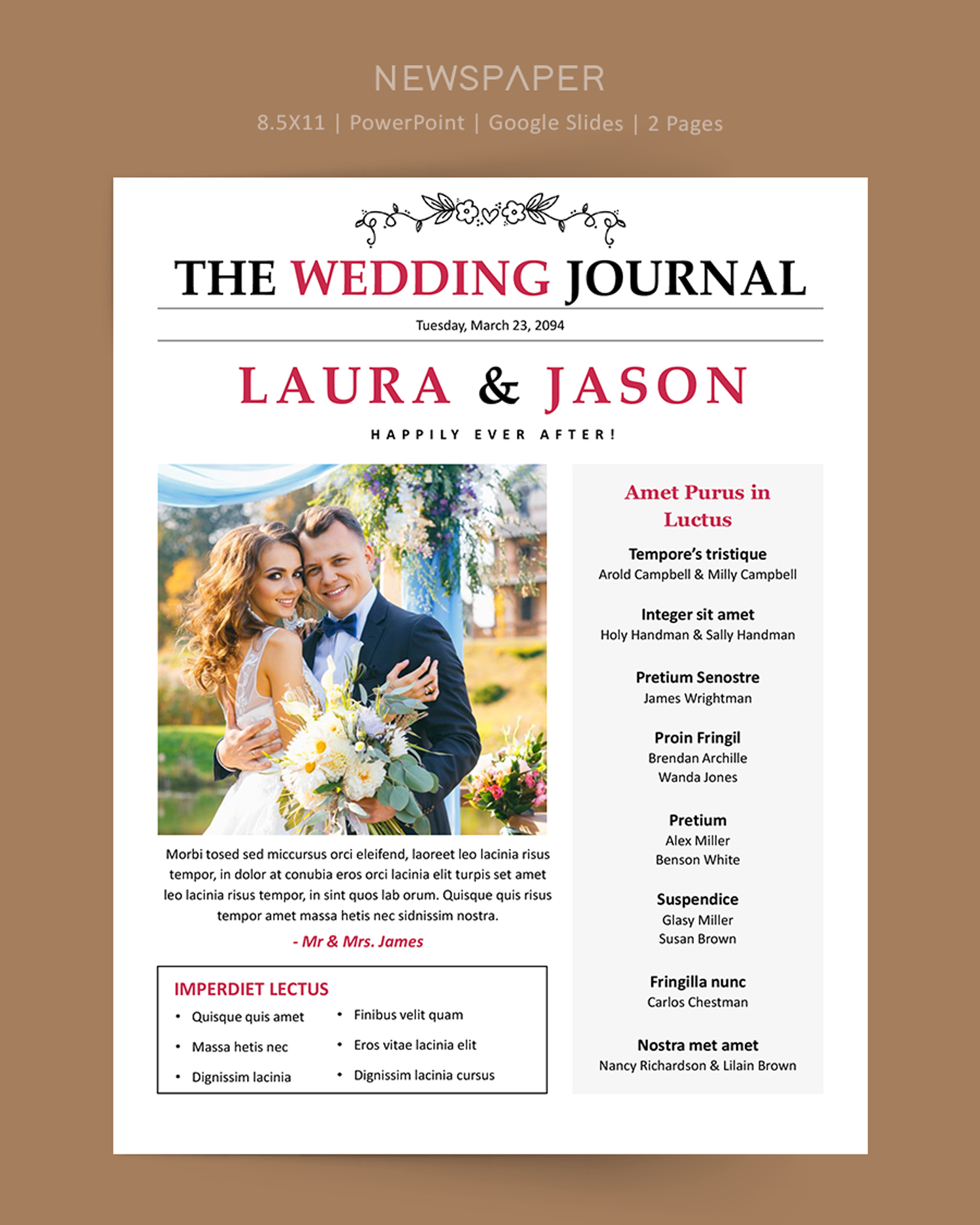 8.5x11 Newspaper Wedding Program Template - PowerPoint, Google Slides