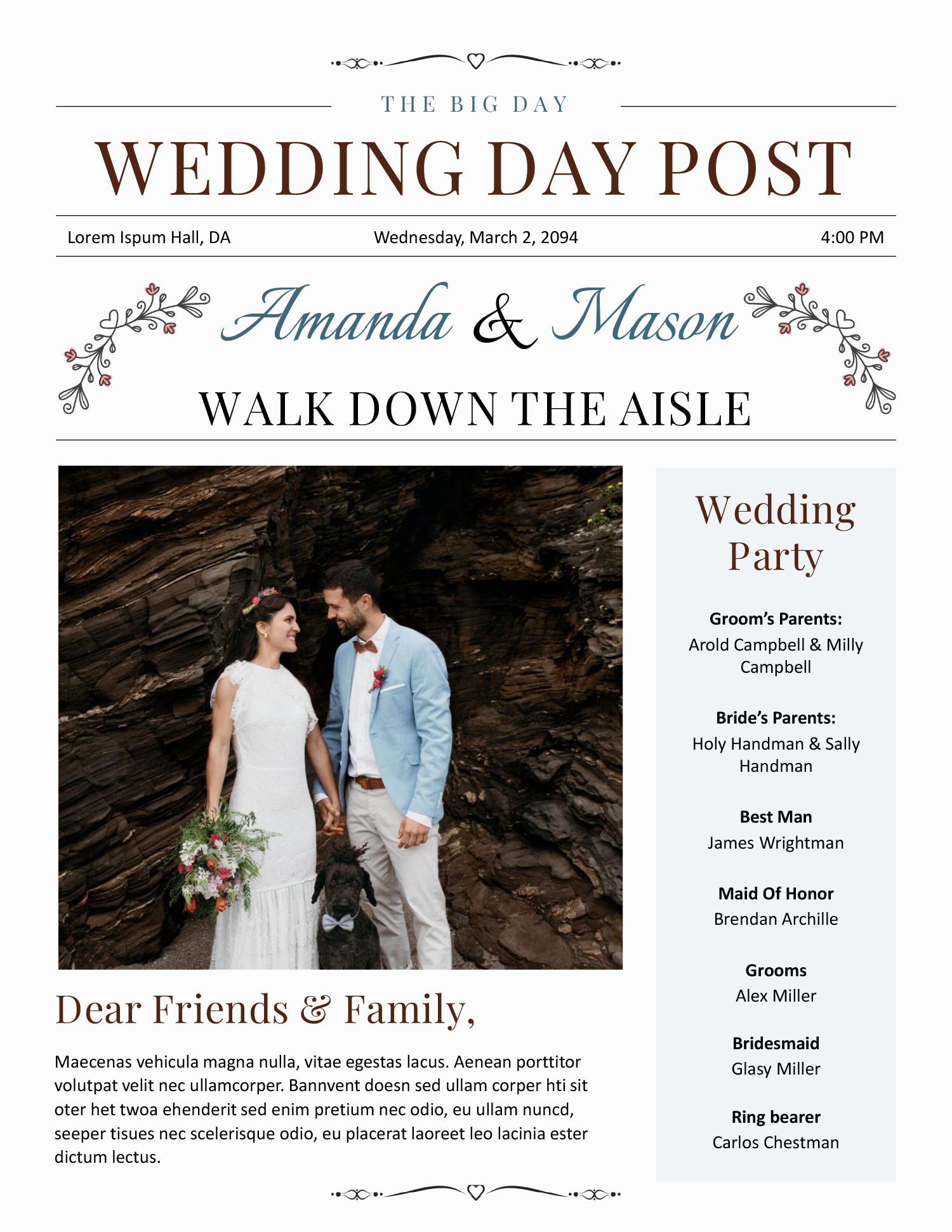 8.5x11 US Letter Wedding Newspaper Template - Front Page