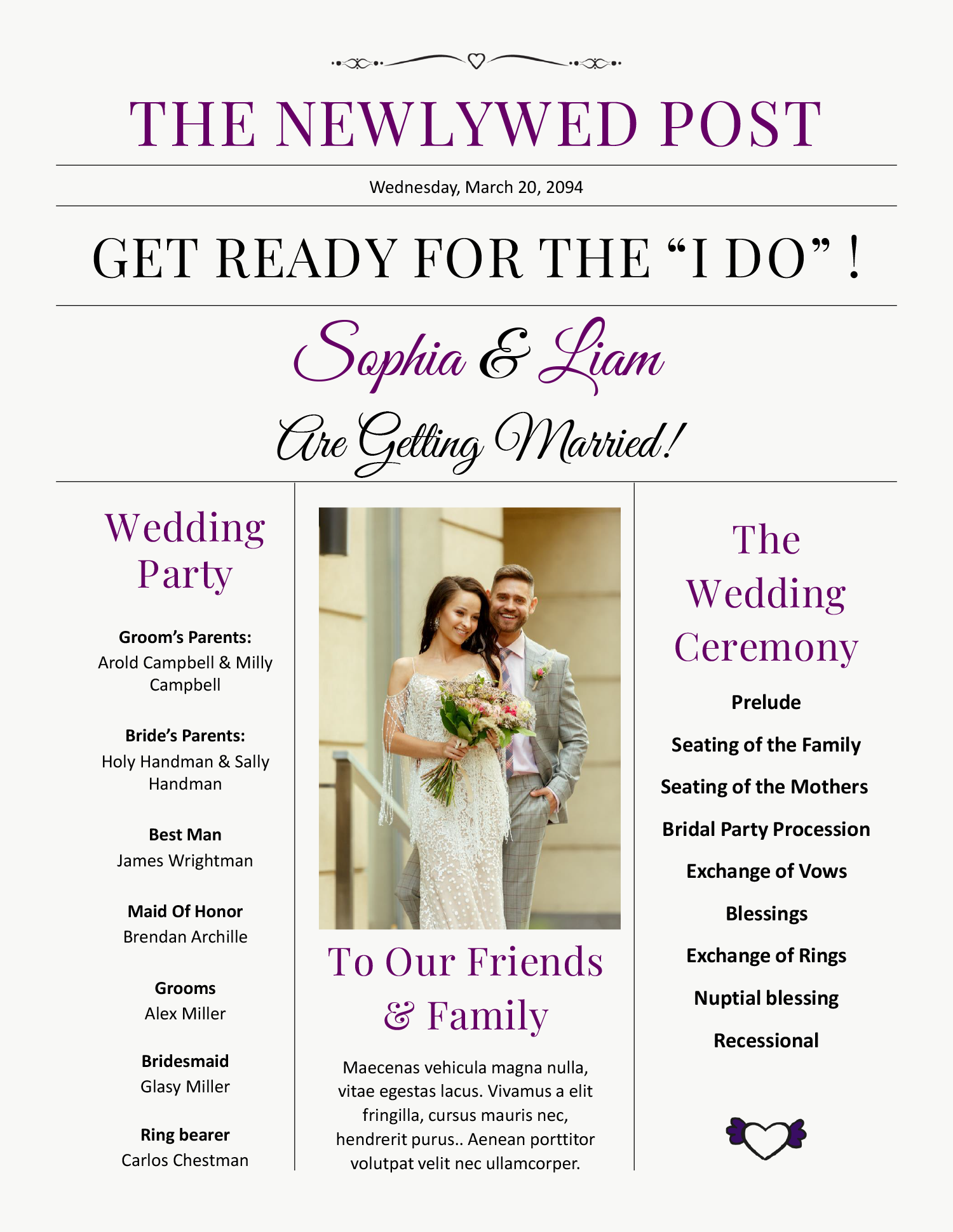 8.5x11 US Letter Wedding Newspaper Template - Front Page