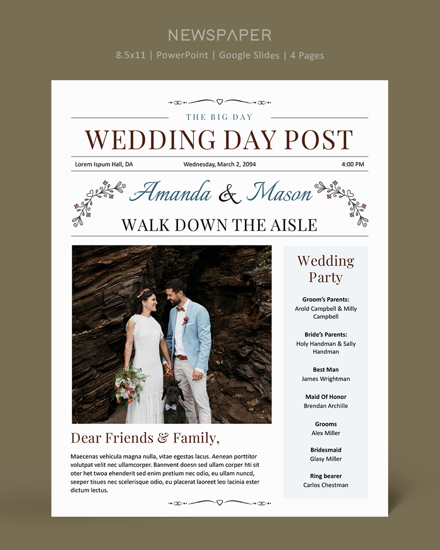 8.5x11 US Letter Wedding Newspaper Template - PowerPoint, Google Slides