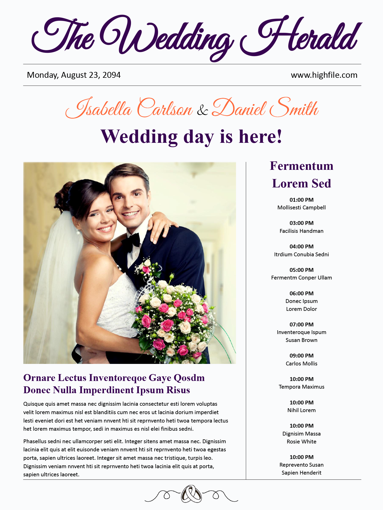 A3 Wedding Program Newspaper Template - Front Page