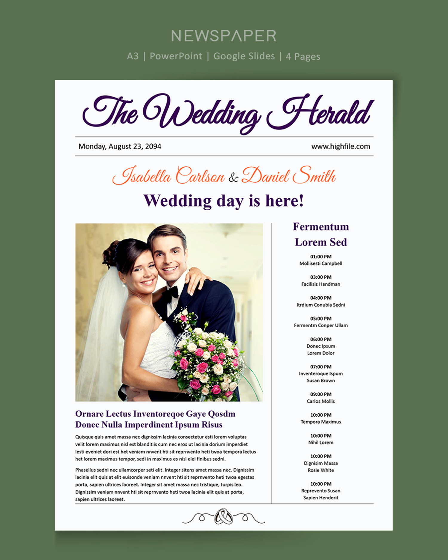 A3 Wedding Program Newspaper Template - PowerPoint, Google Slides