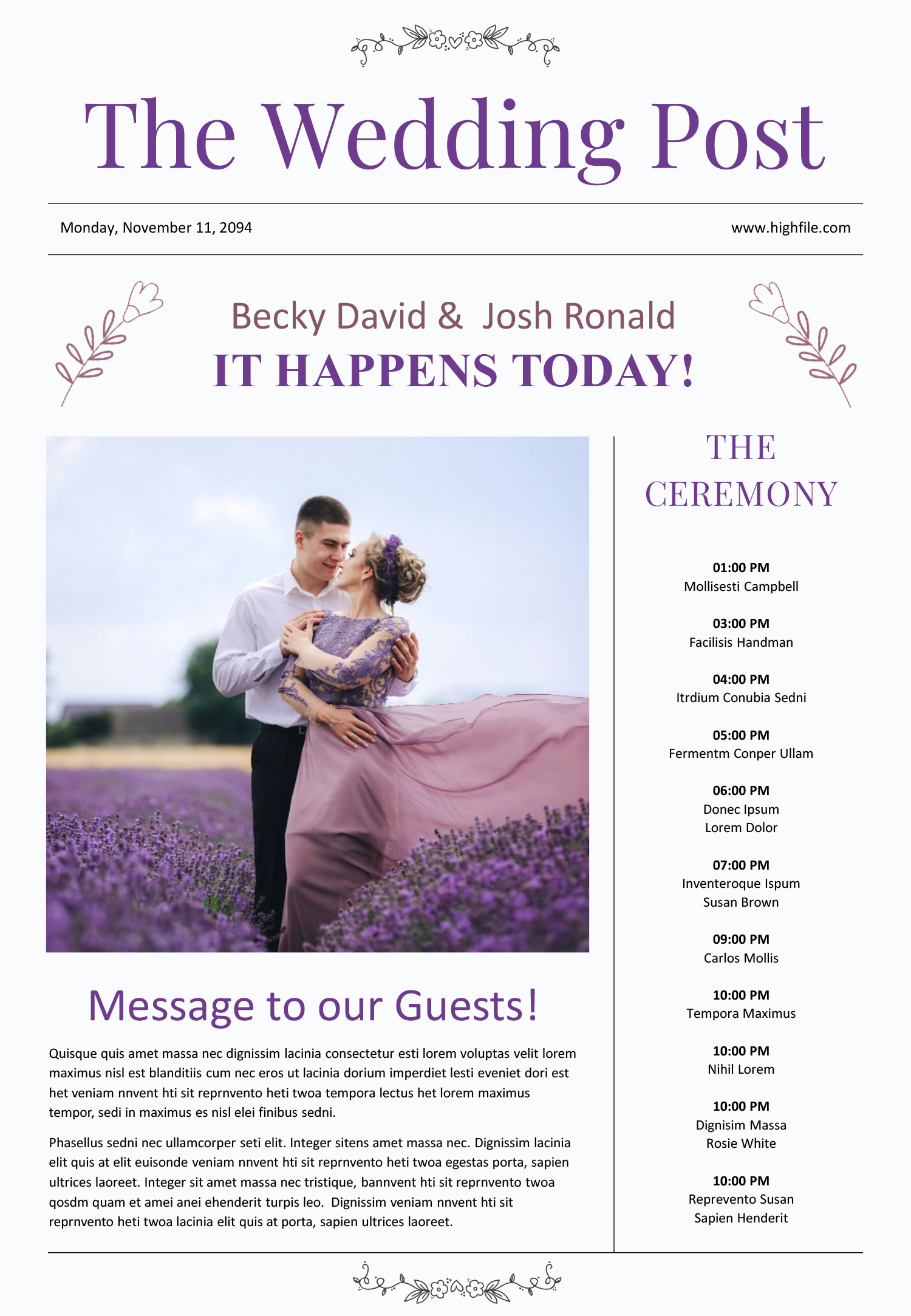 A4 Minimal Wedding Newspaper Template - Front Page