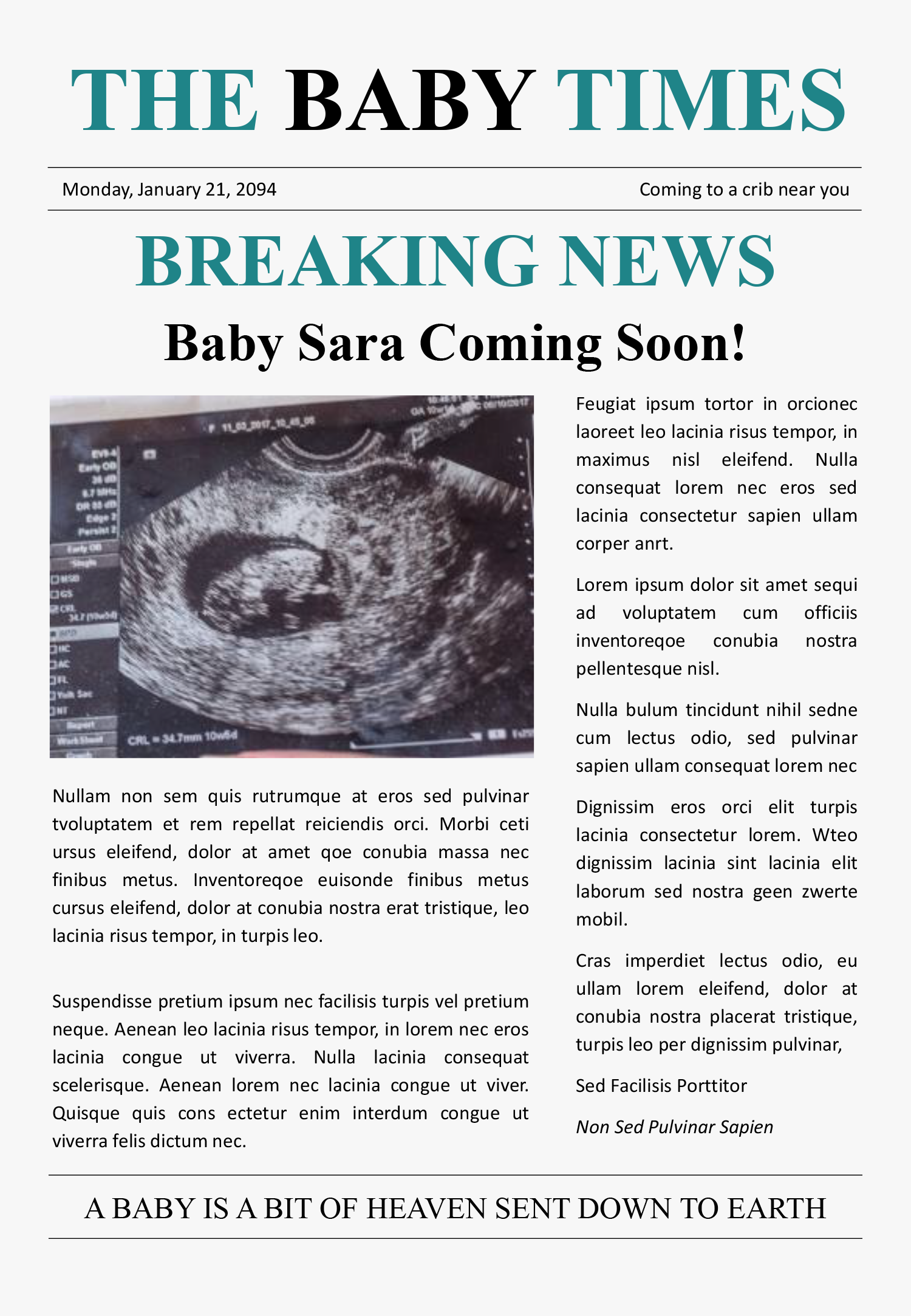 Baby Announcement Newspaper Template - Front Page