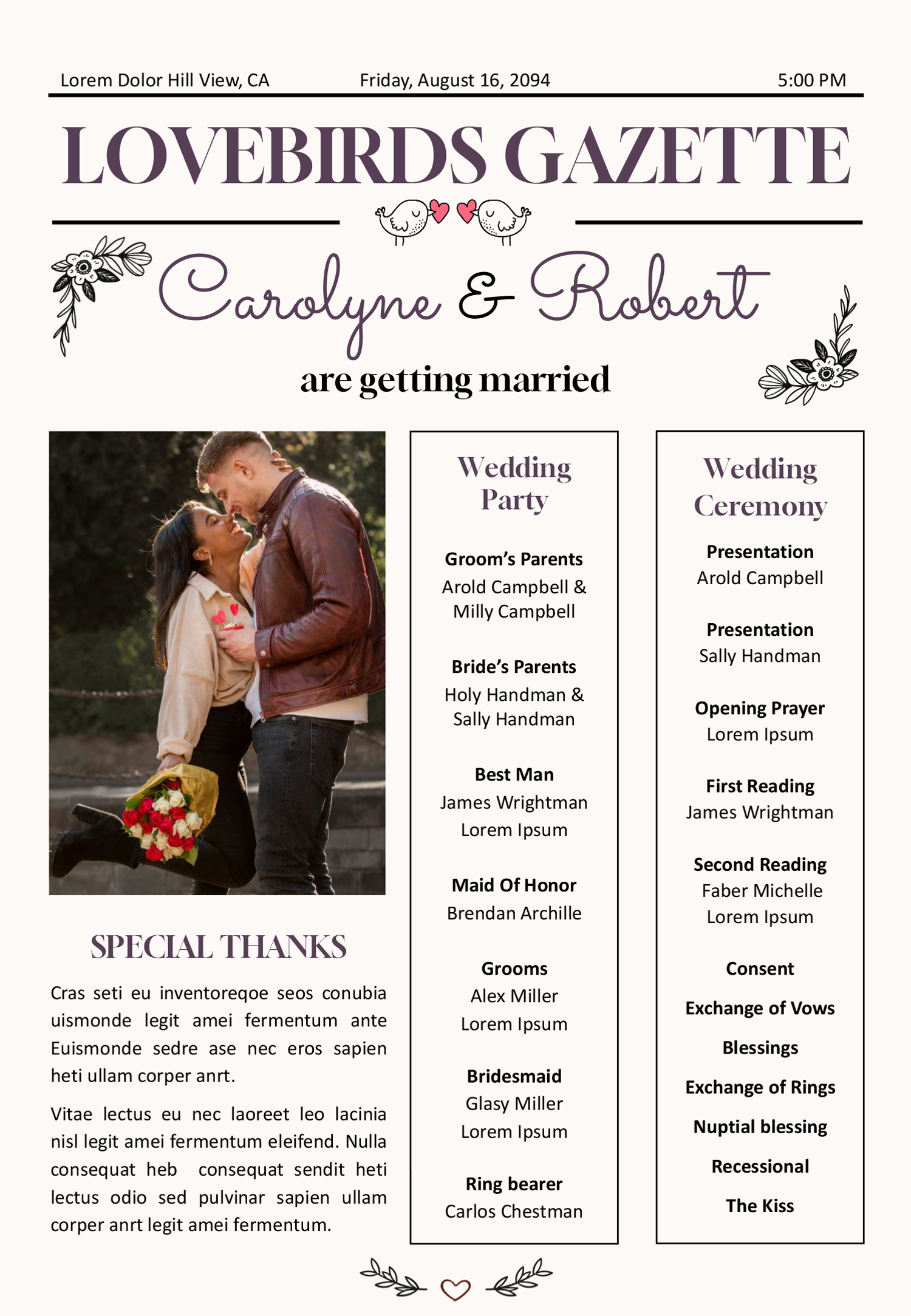 Beige and White Wedding Newspaper Program Template - Front Page