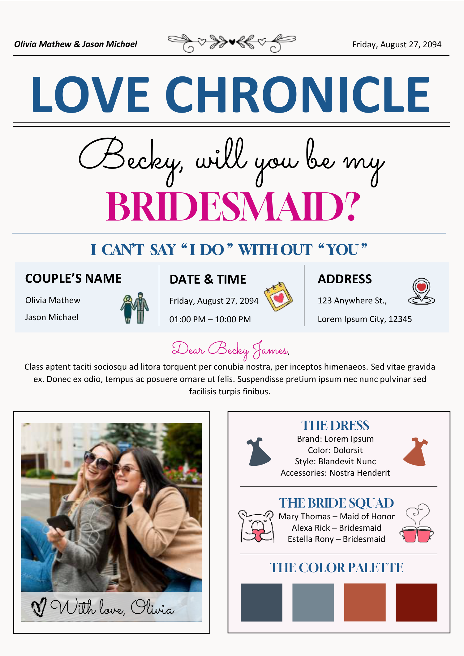 Bridesmaid A4 Newspaper Template - Front Page