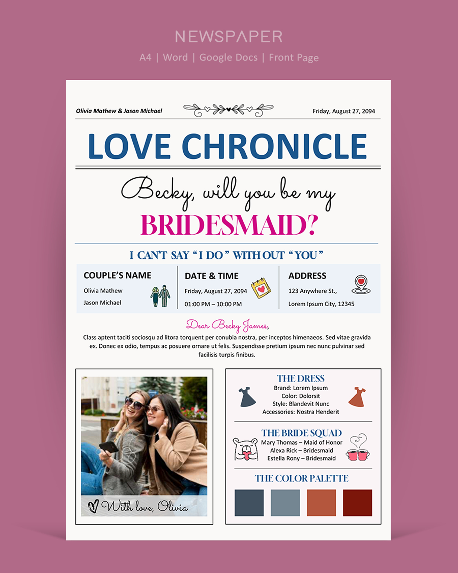 Bridesmaid A4 Newspaper Template - Word, Google Docs