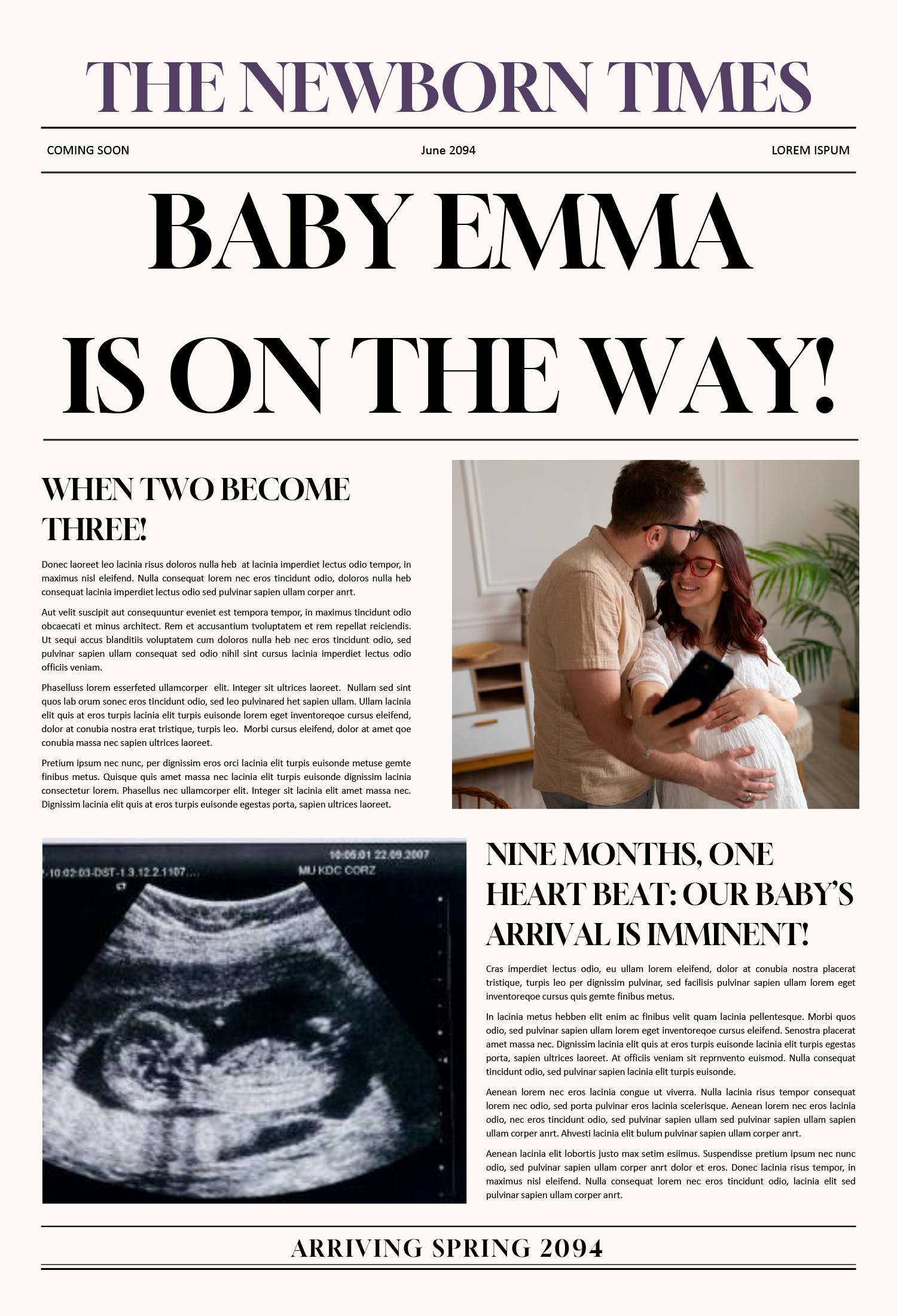Broadsheet Baby Announcement Newspaper Template - Front Page