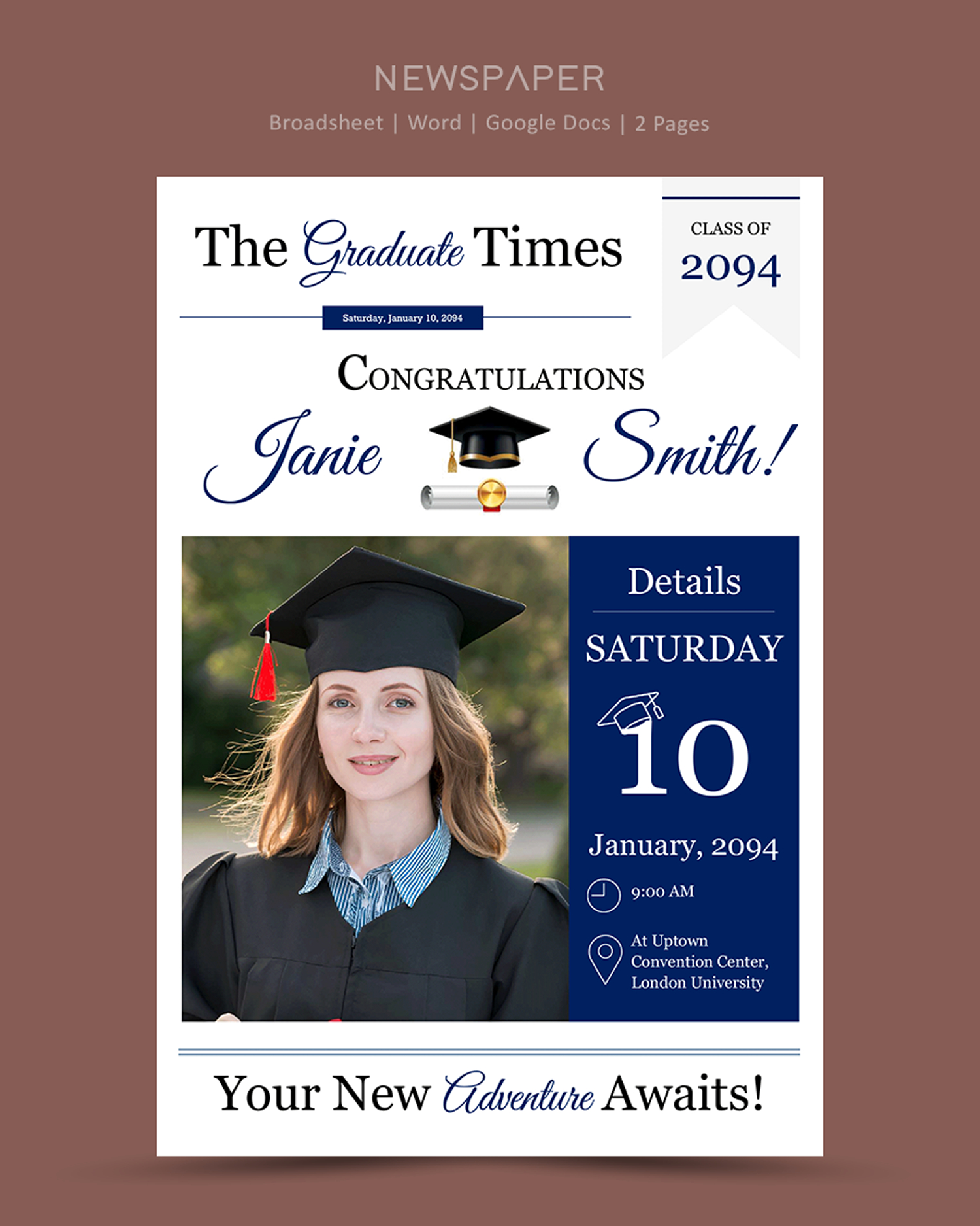 Broadsheet Graduation Newspaper Template - Word, Google Docs