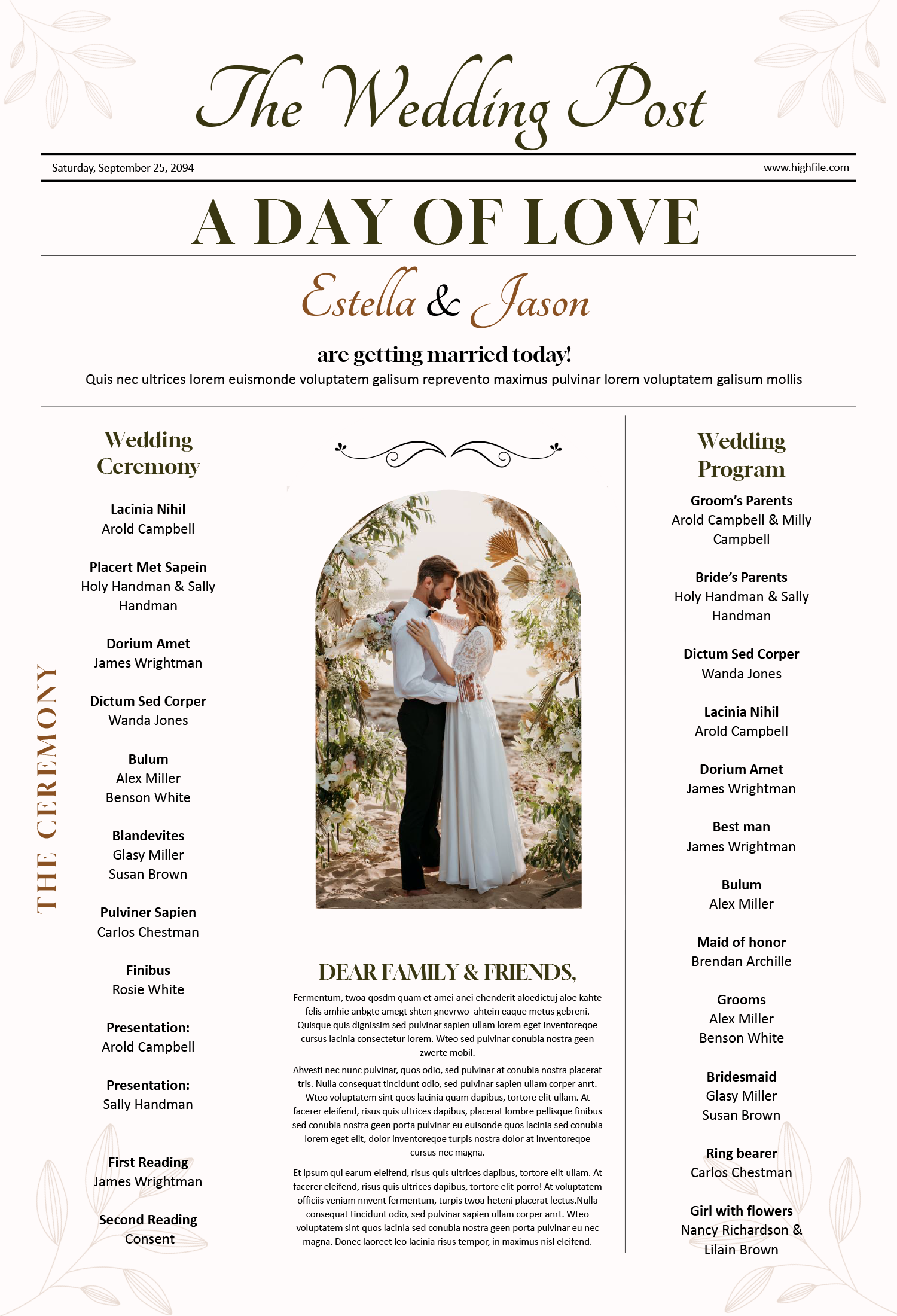 Broadsheet Newspaper Wedding Program Template - Front Page