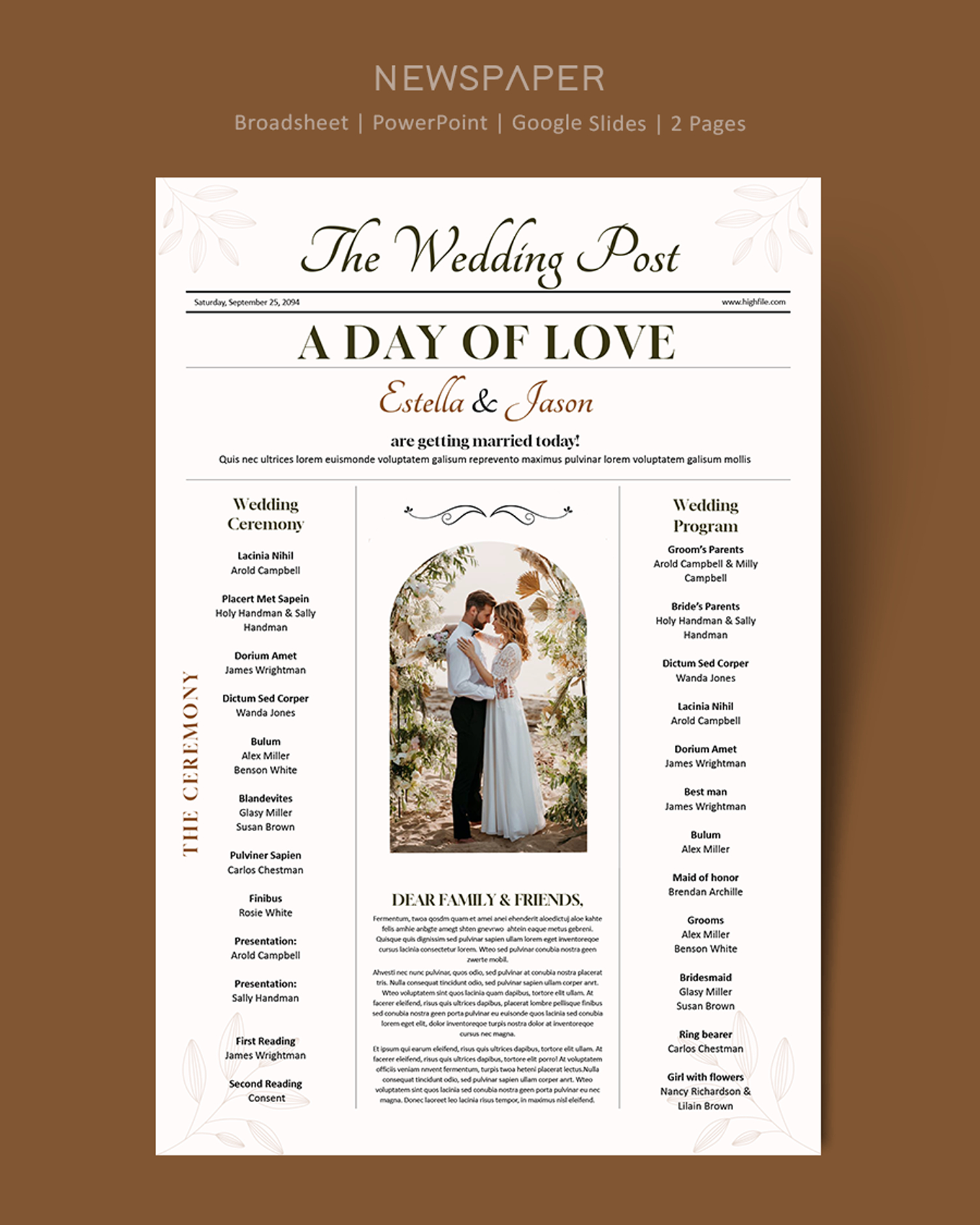 Broadsheet Newspaper Wedding Program Template - PowerPoint, Google Slides