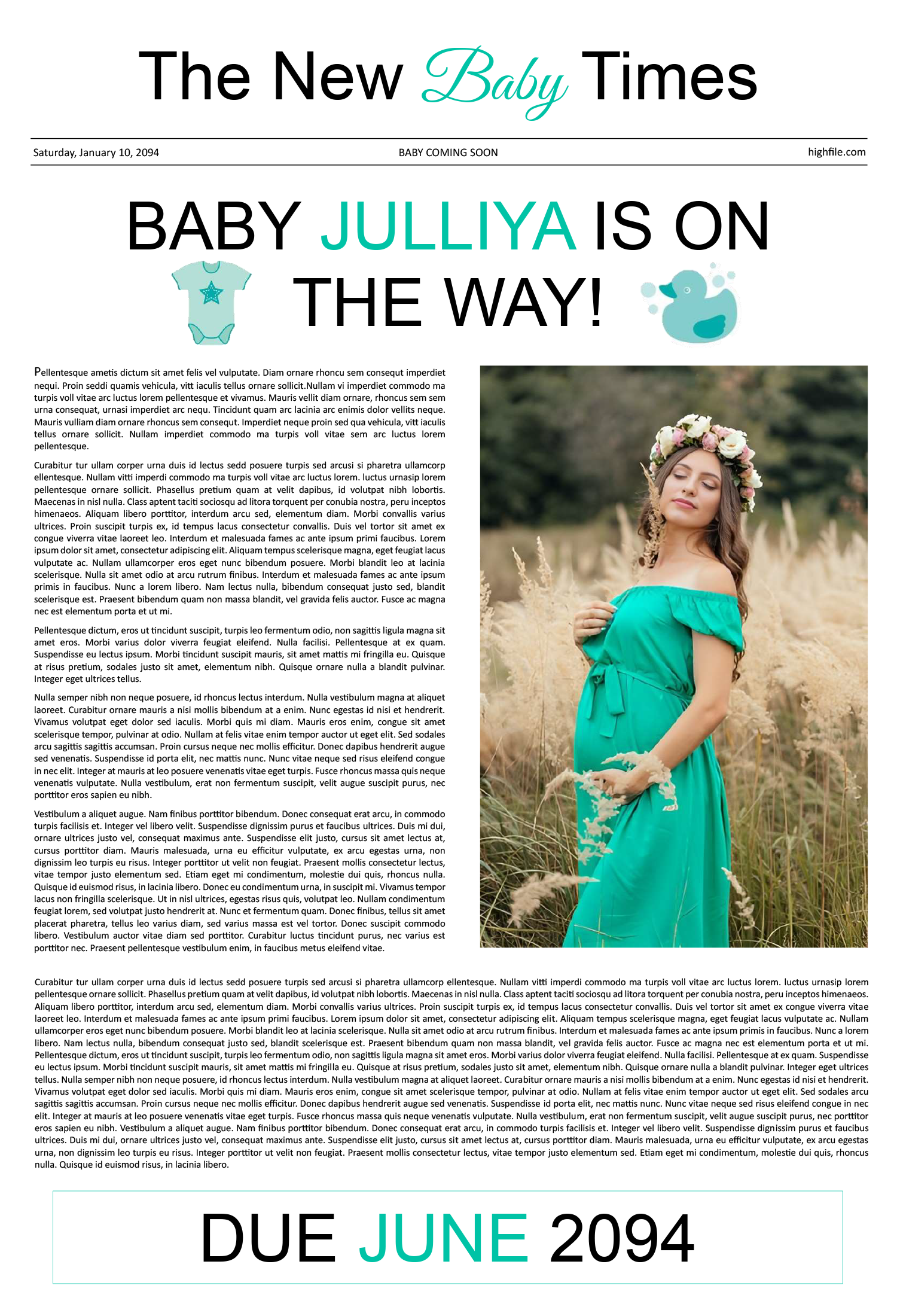 Broadsheet Pregnancy Announcement Newspaper Template - Front Page