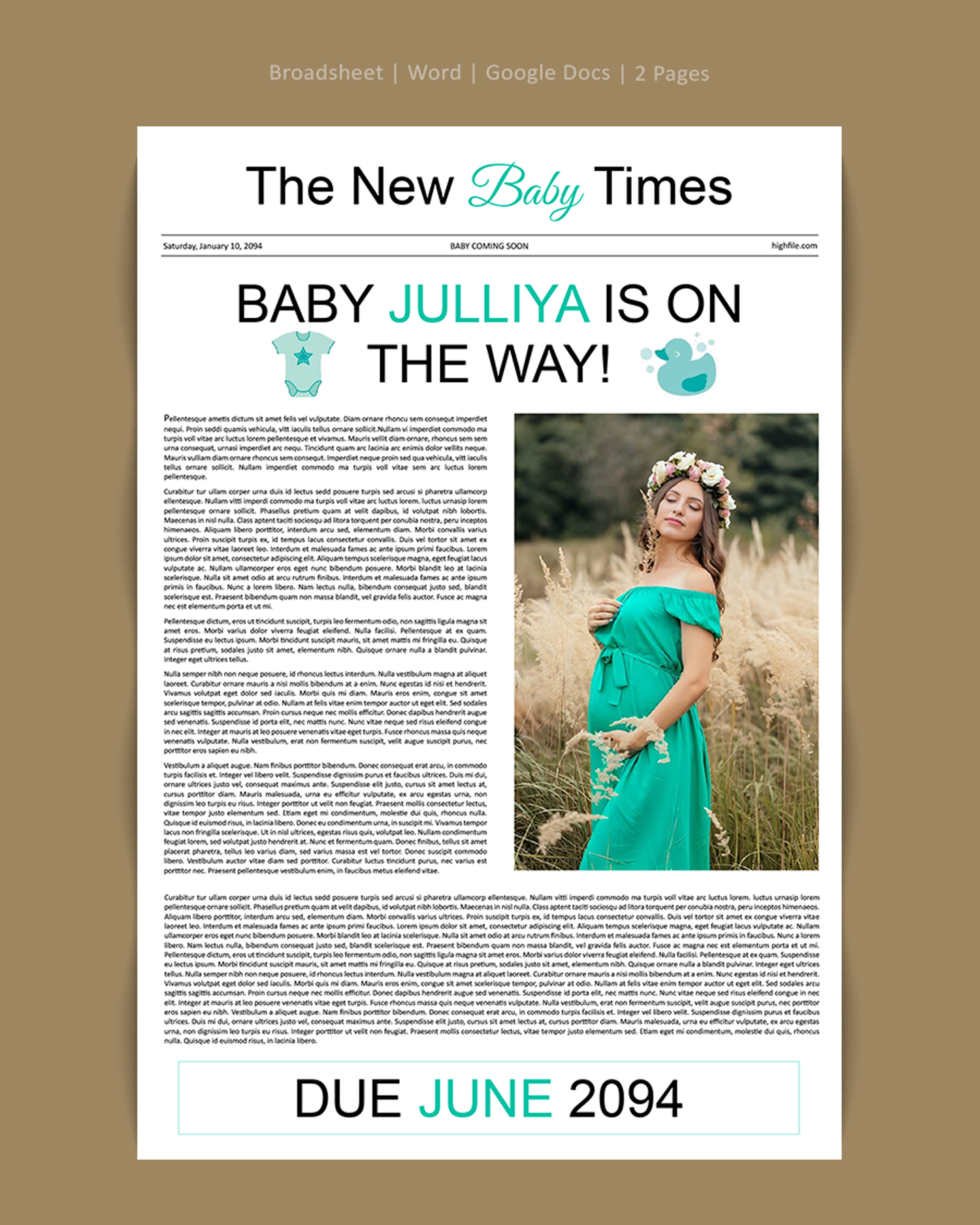 Broadsheet Pregnancy Announcement Newspaper Template - Word, Google Docs