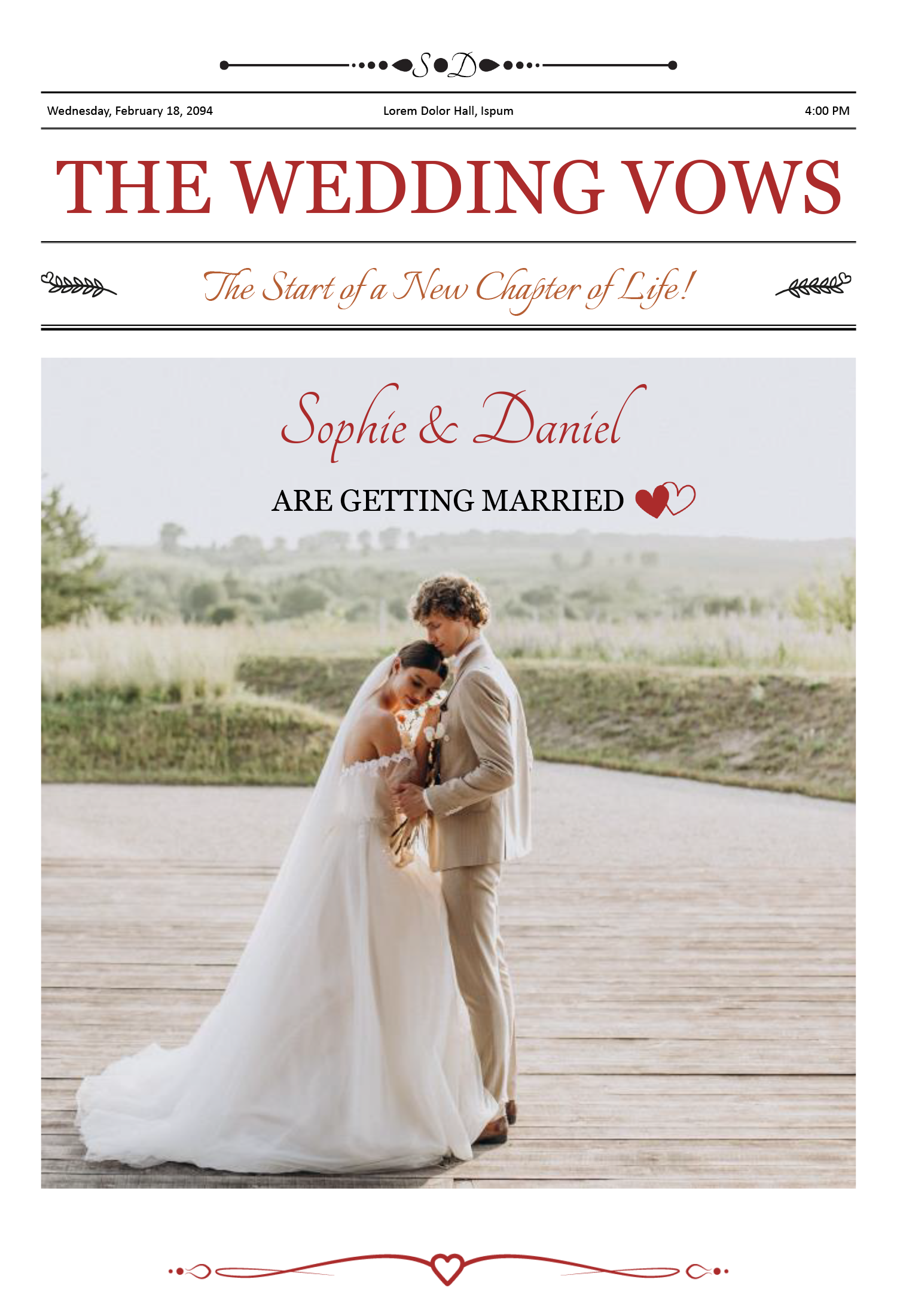Broadsheet Wedding Newspaper Template - Front Page