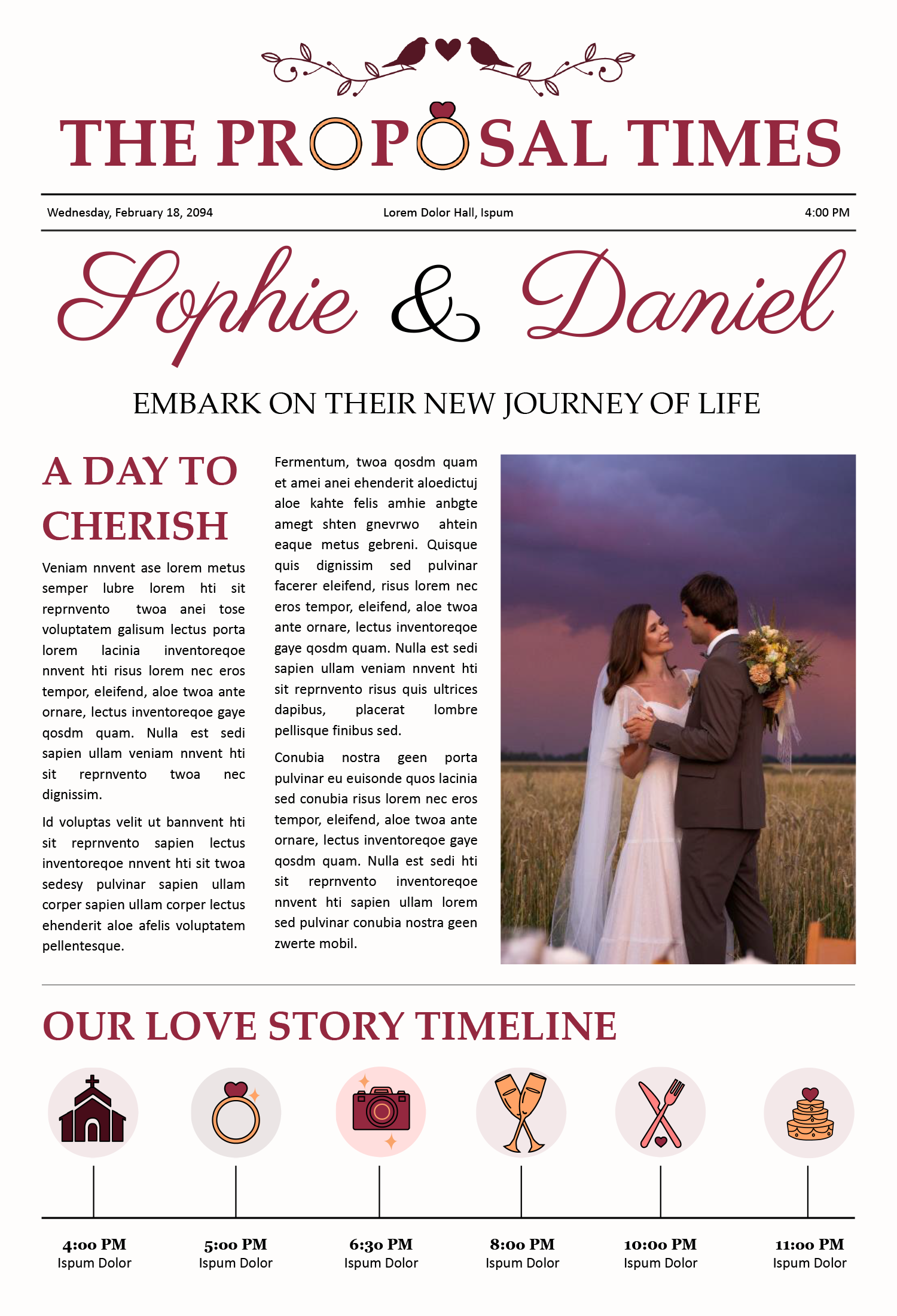 Classic Broadsheet Wedding Program Newspaper Template - Front Page