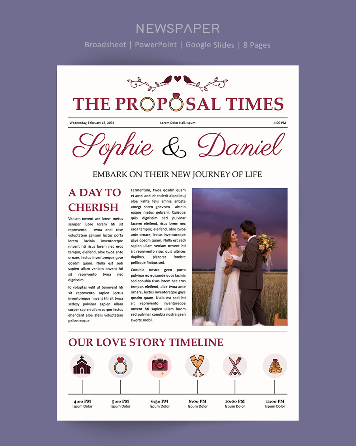 Classic Broadsheet Wedding Program Newspaper Template - PowerPoint, Google Slides