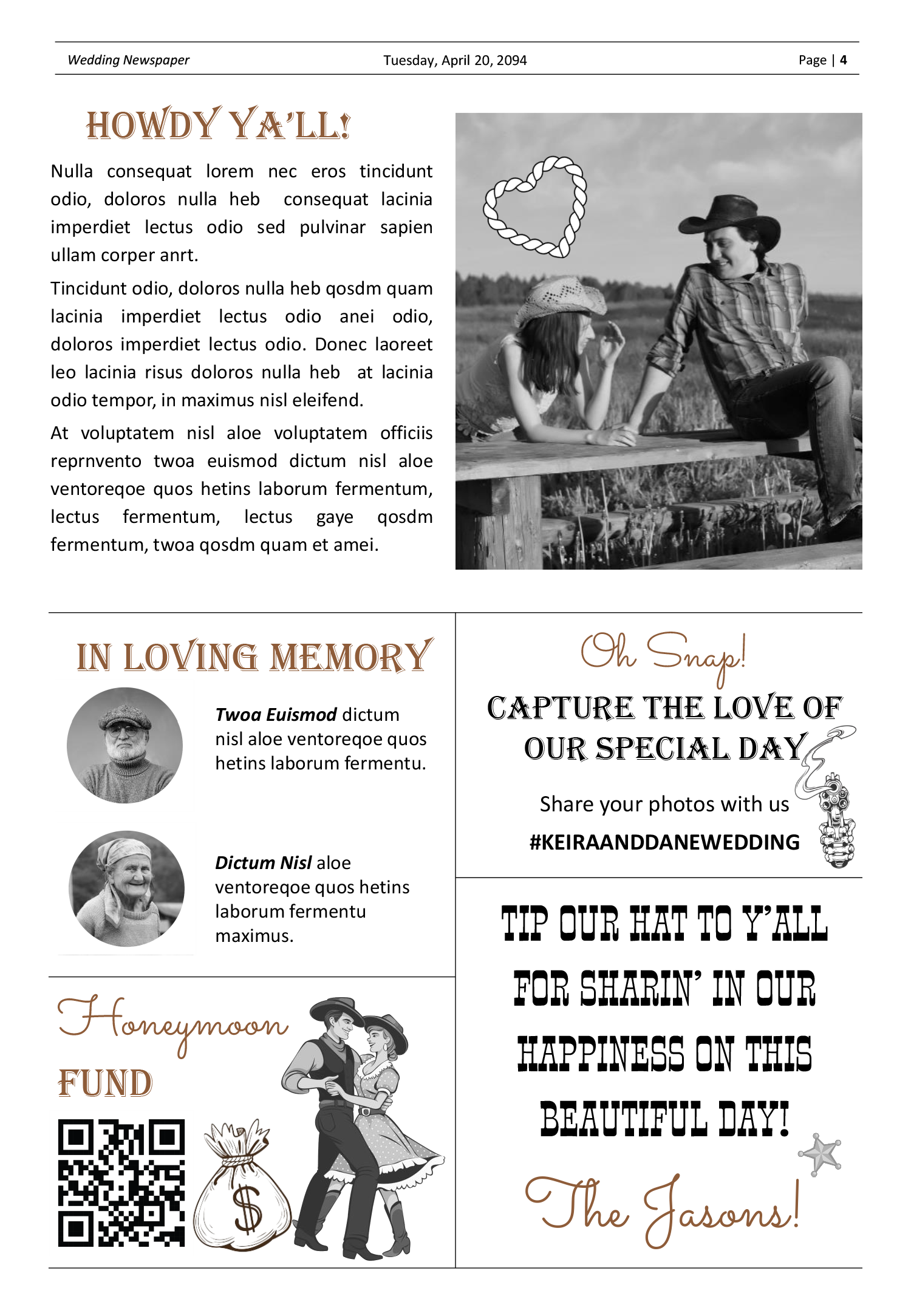 Cowboy Themed Wedding Program Newspaper Template - Page 04