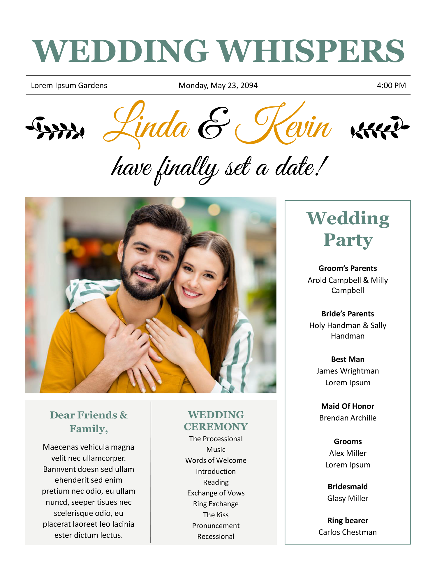 Elegant Newspaper Wedding Program Template - Front Page