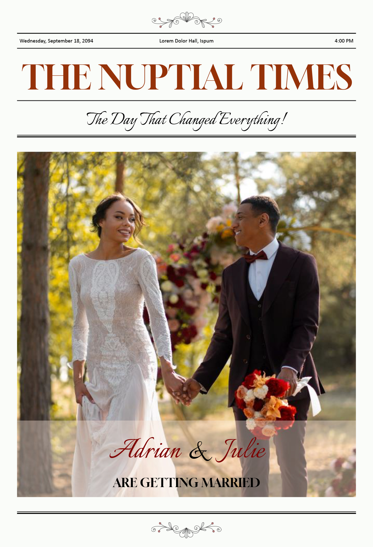 Large Page Wedding Newspaper Template - Front Page