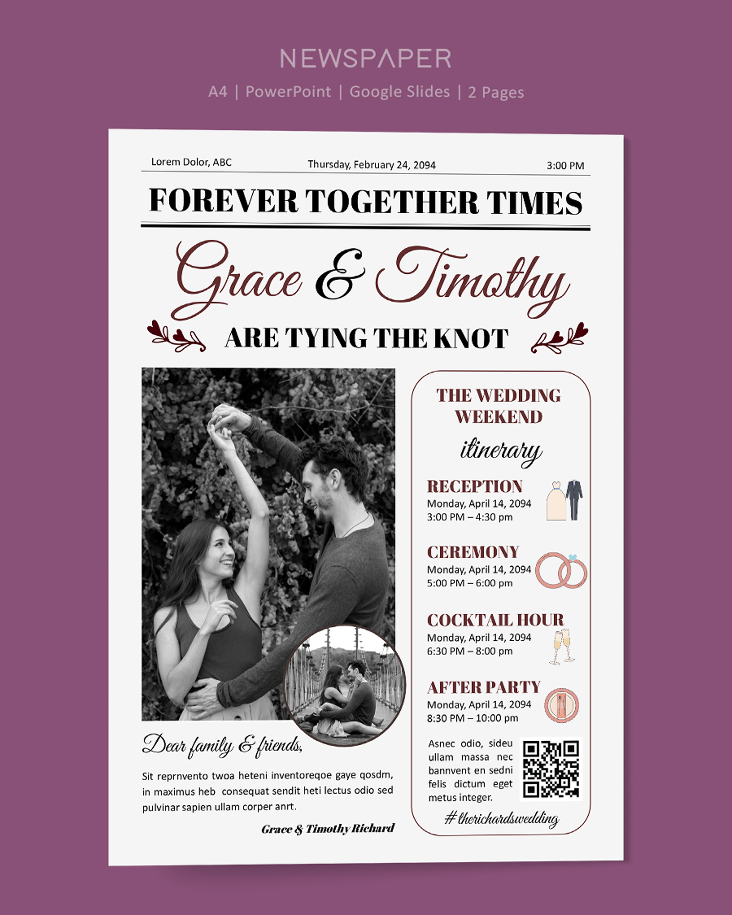 Minimal Black and White Wedding Newspaper Template - PowerPoint, Google Slides