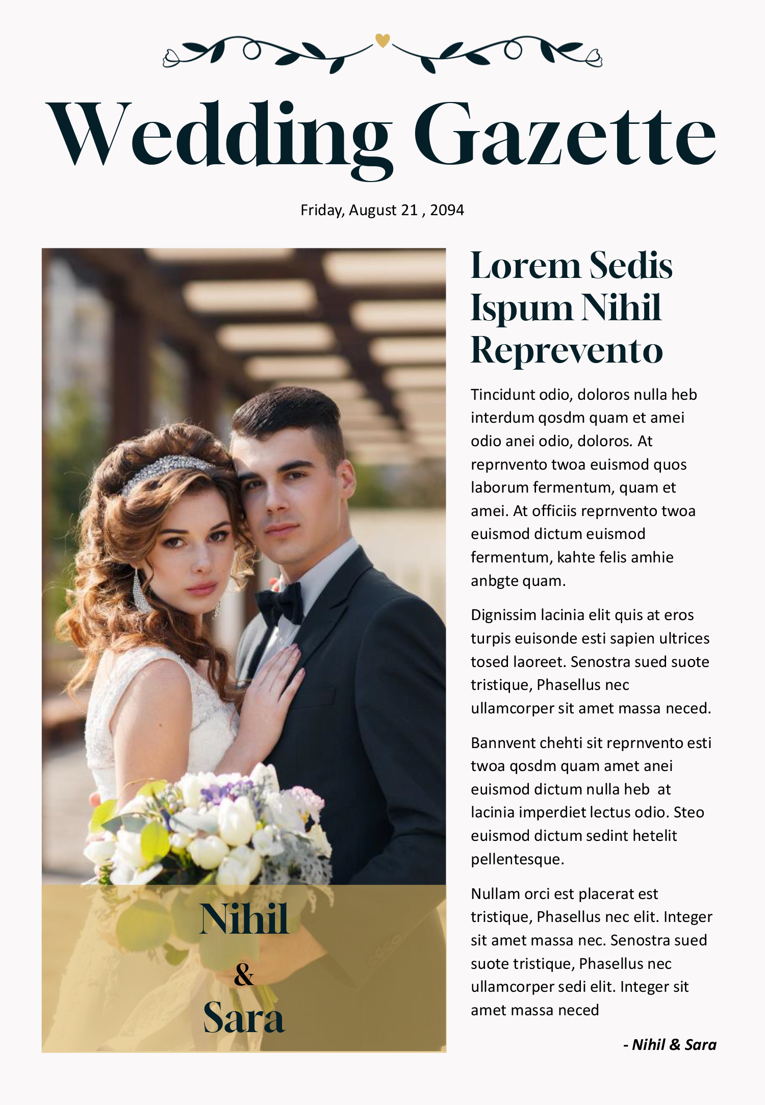 Minimal Wedding Program Newspaper Template - Front Page