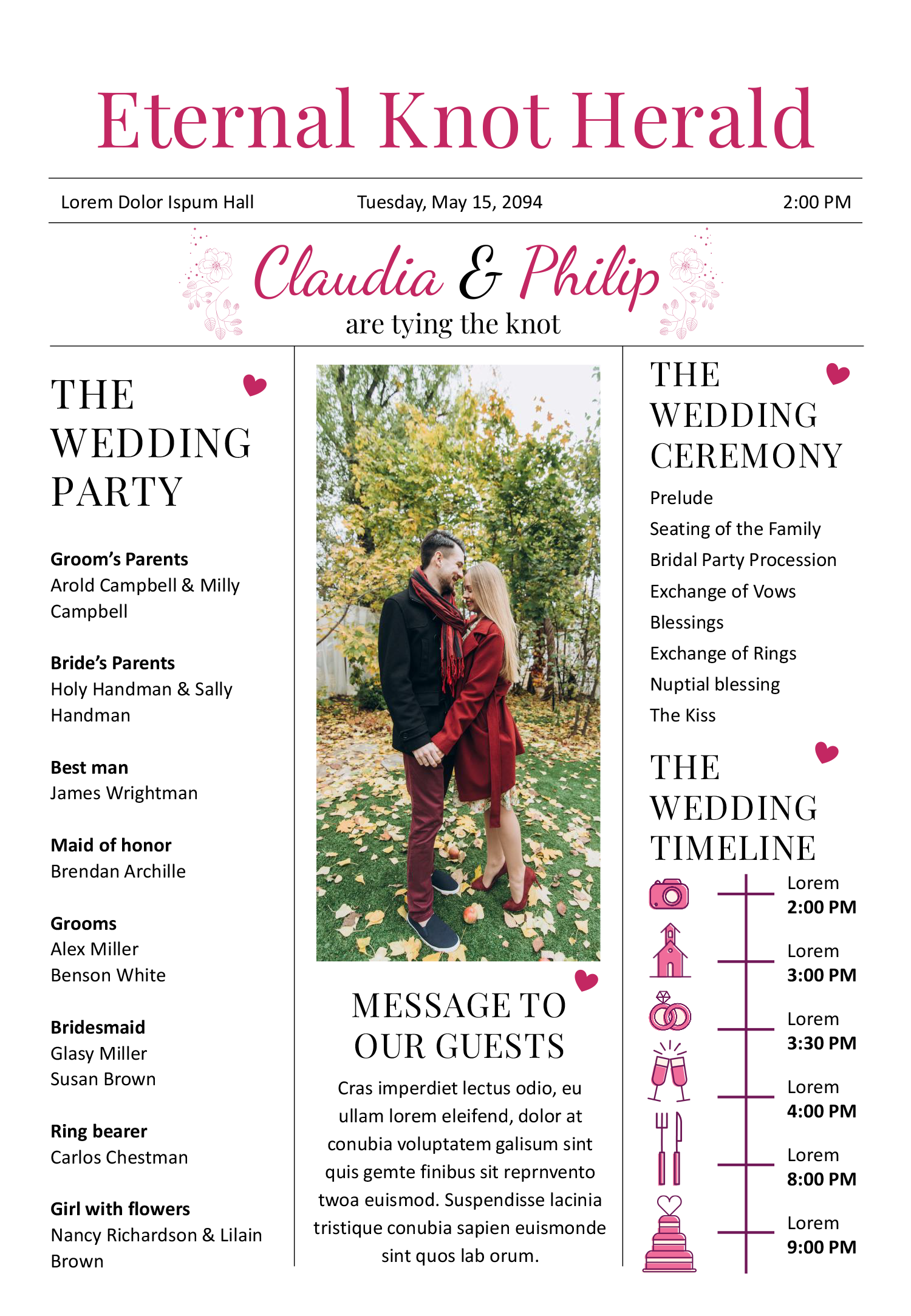 Pink Newspaper Wedding Program Template - Front Page
