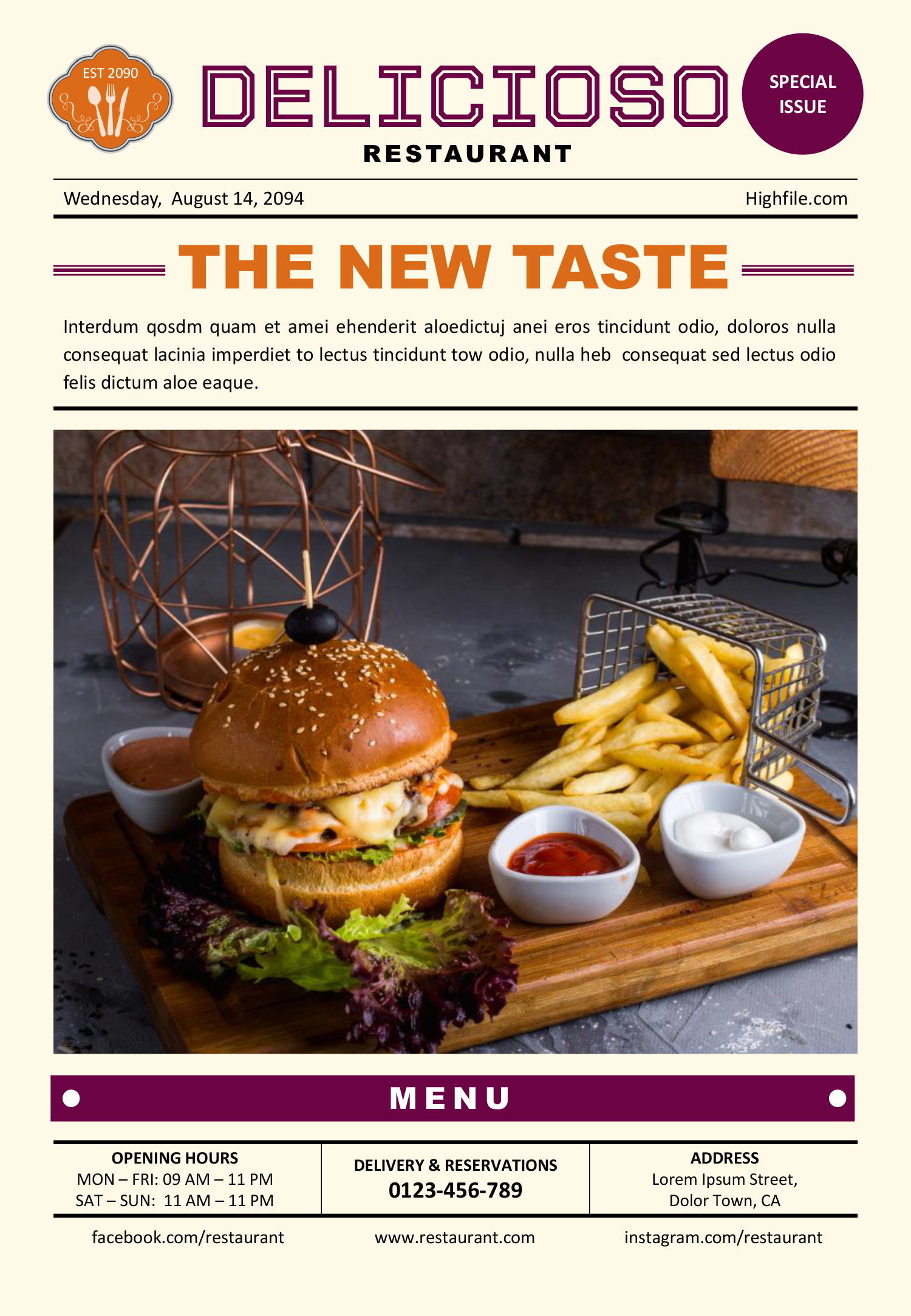 Restaurant Menu Newspaper Template - Front Page