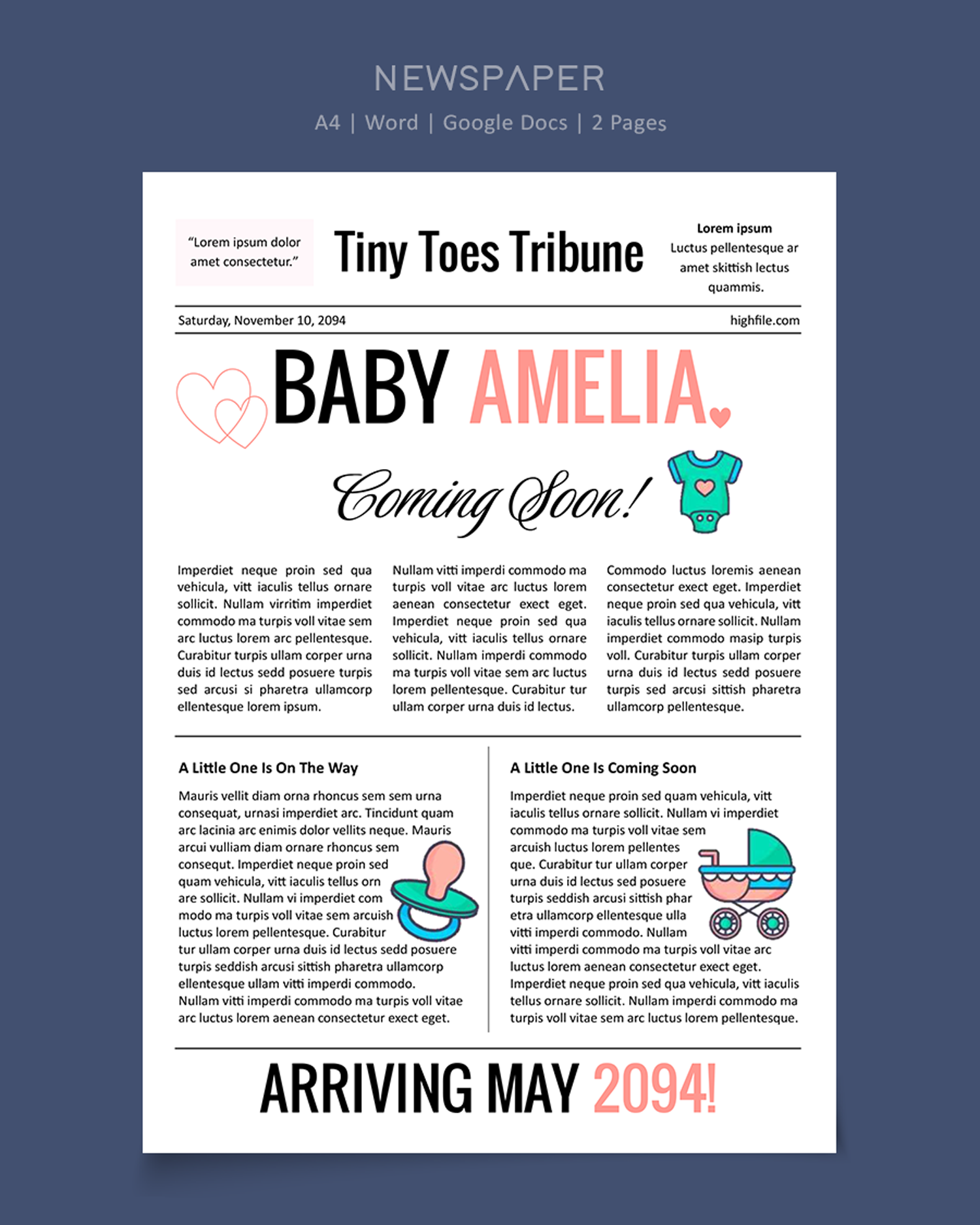 Simple Baby Announcement Newspaper Template - Word, Google Docs