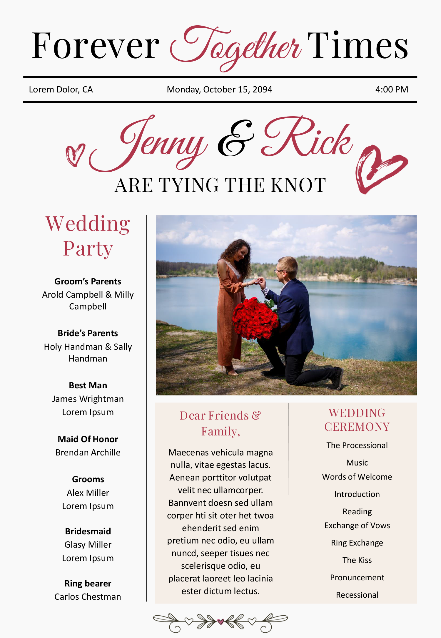 Simple Newspaper Wedding Program Template - Front Page