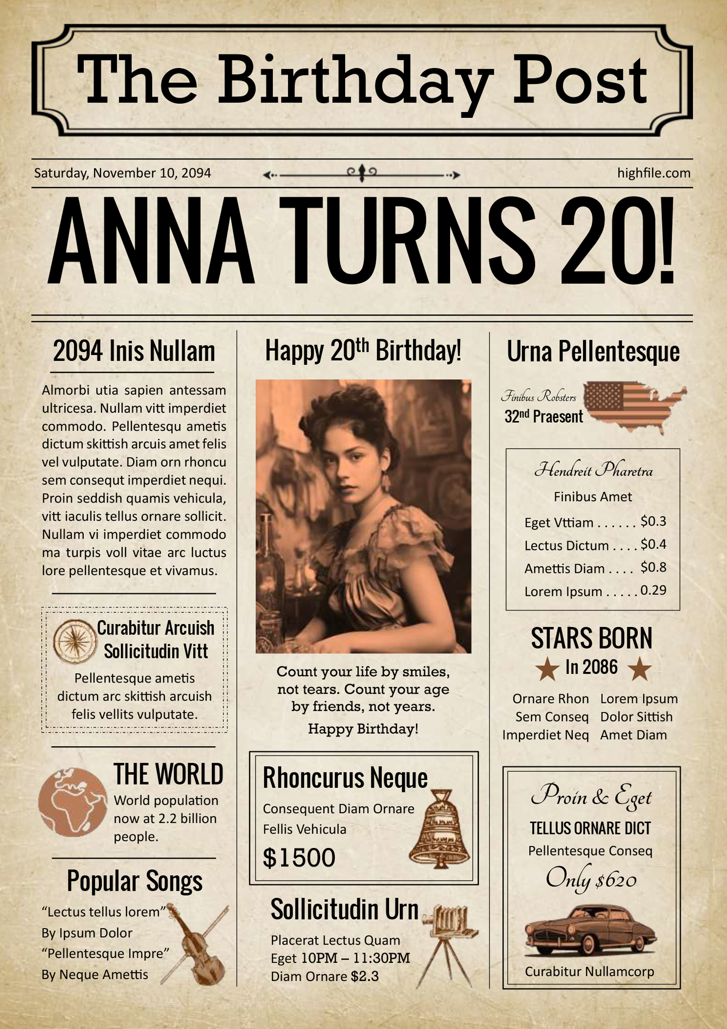Vintage Birthday Newspaper Template - Front Page
