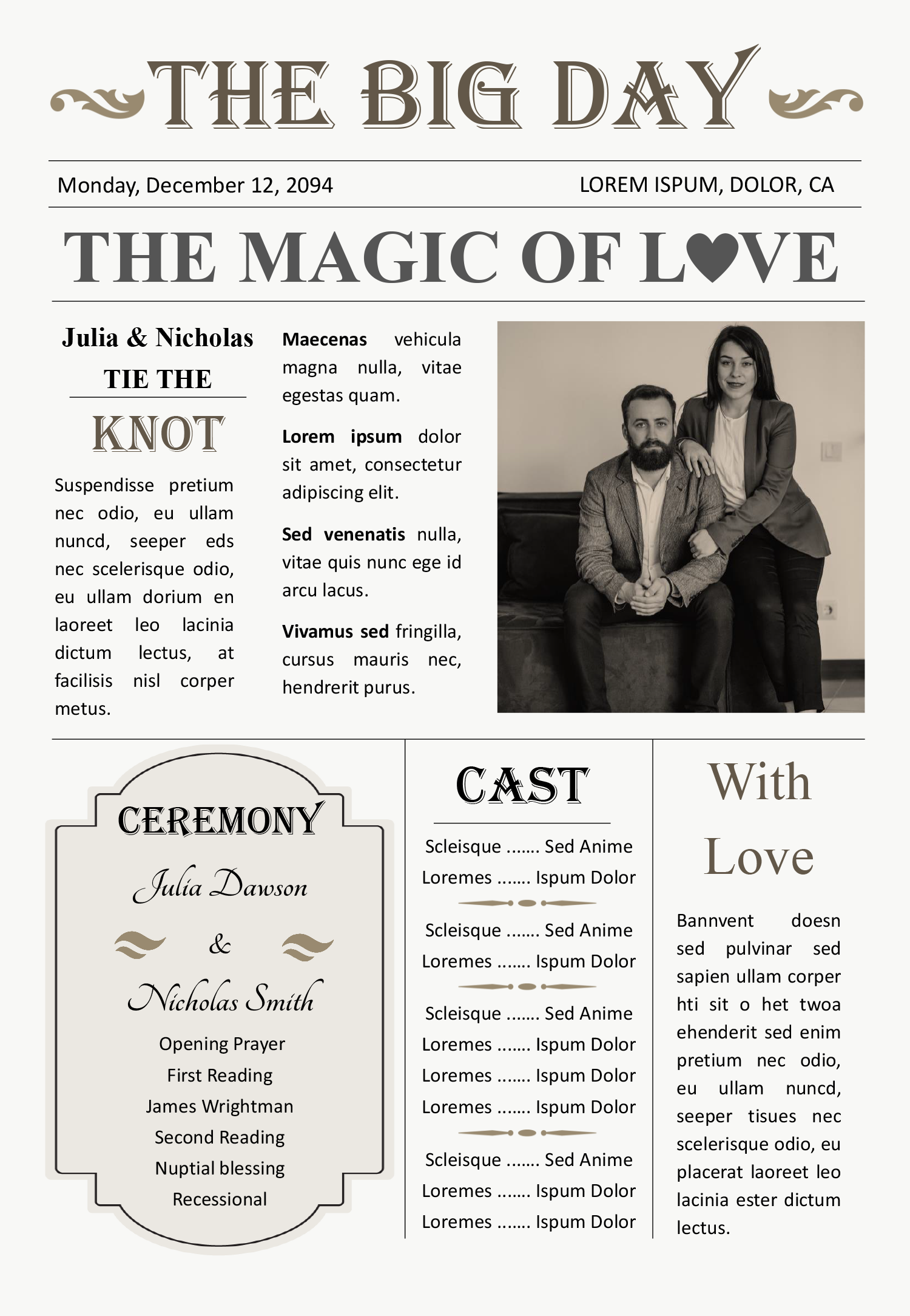 Vintage Wedding Newspaper Template - Front Page