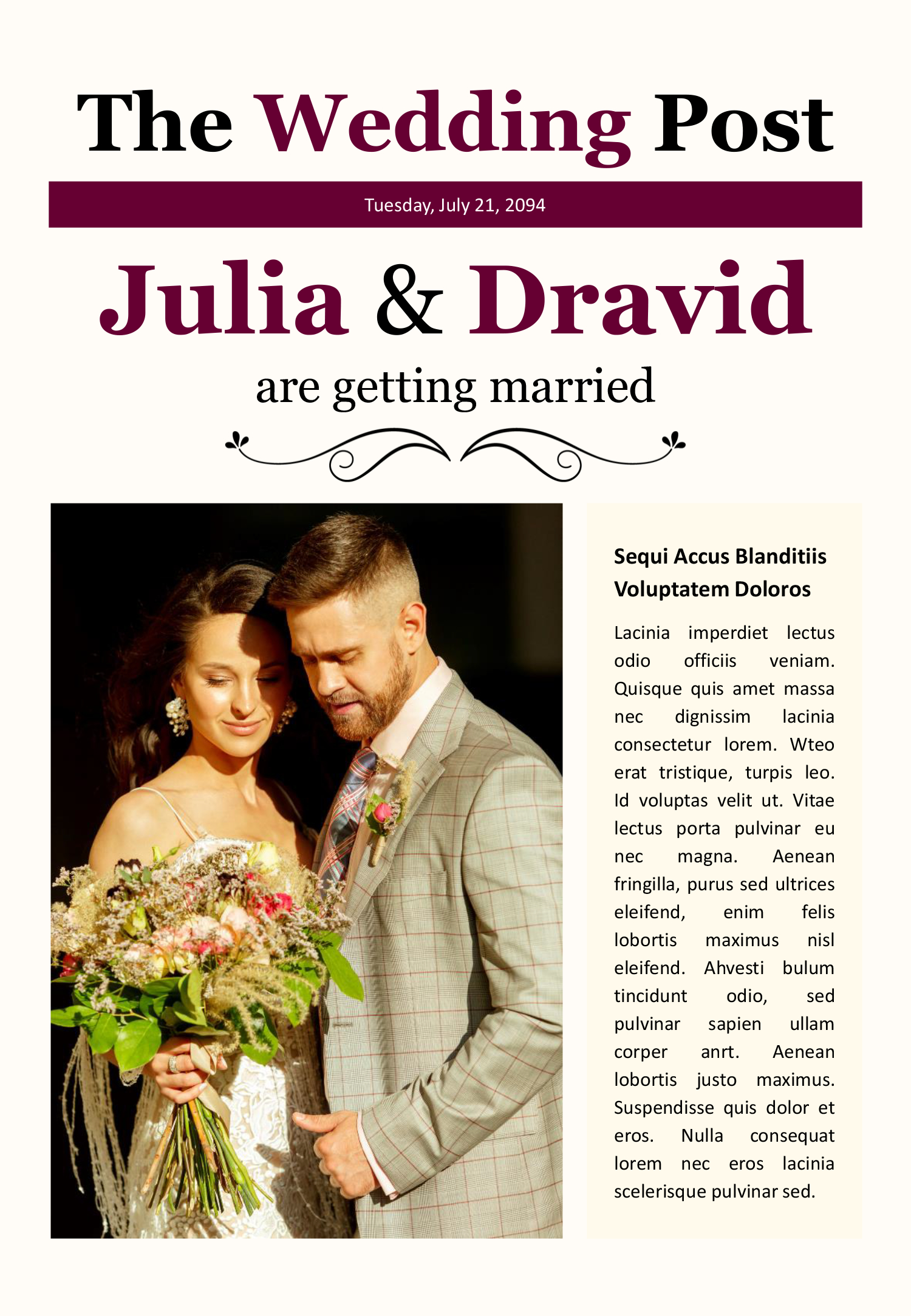 Wedding Day Newspaper Template - Front Page