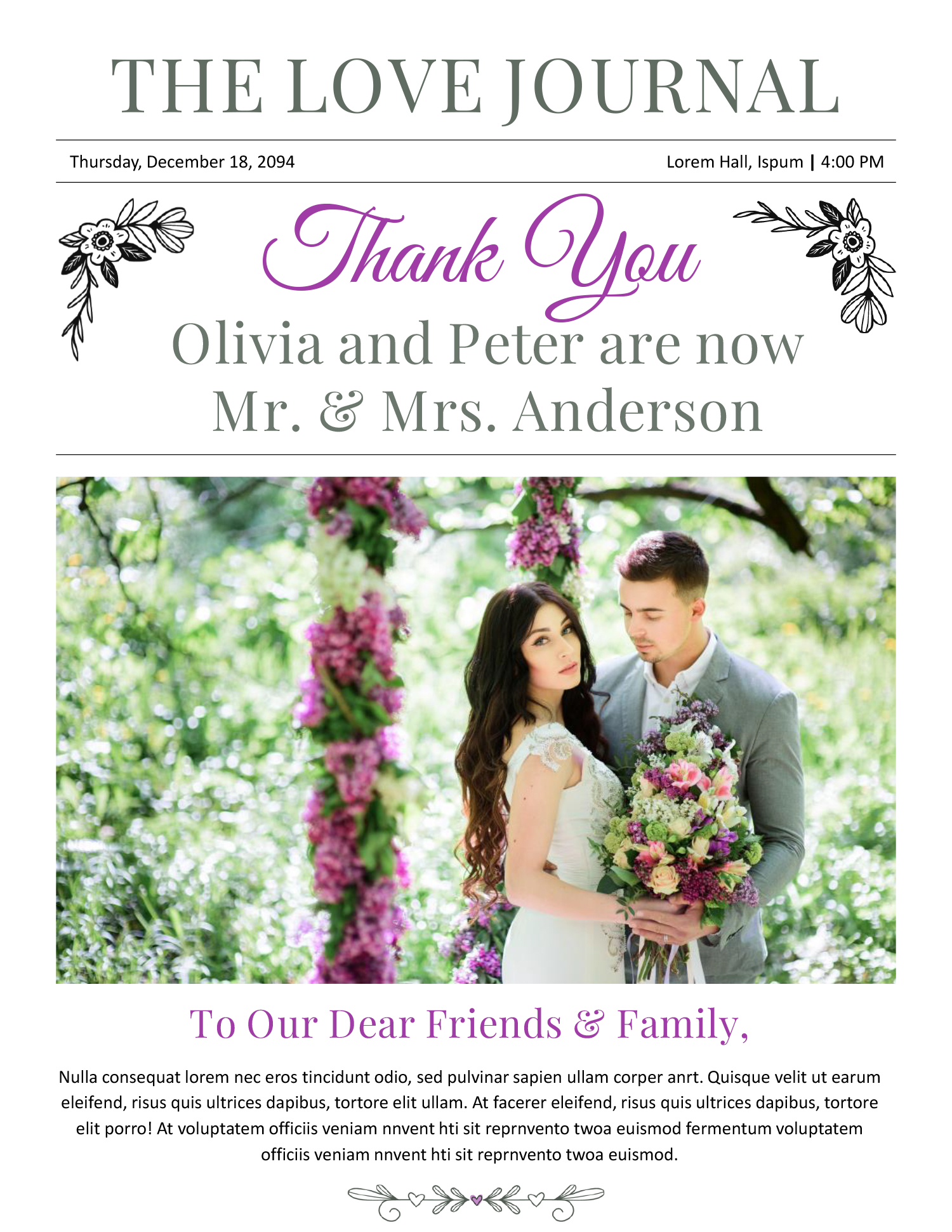 Wedding Newspaper Thank You Card Template - Front Page