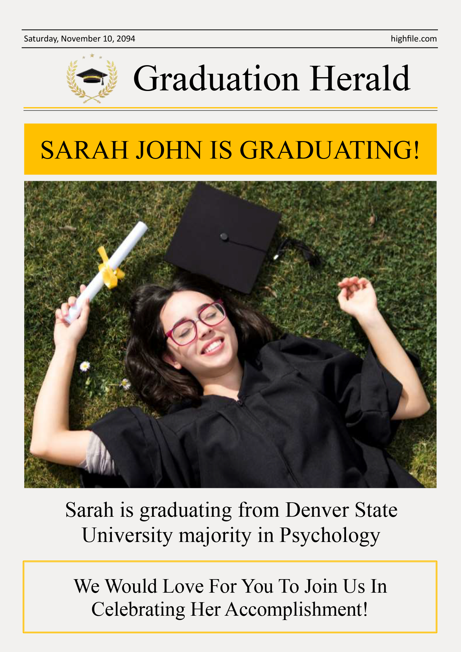 Yellow Graduation Newspaper Template - Front Page
