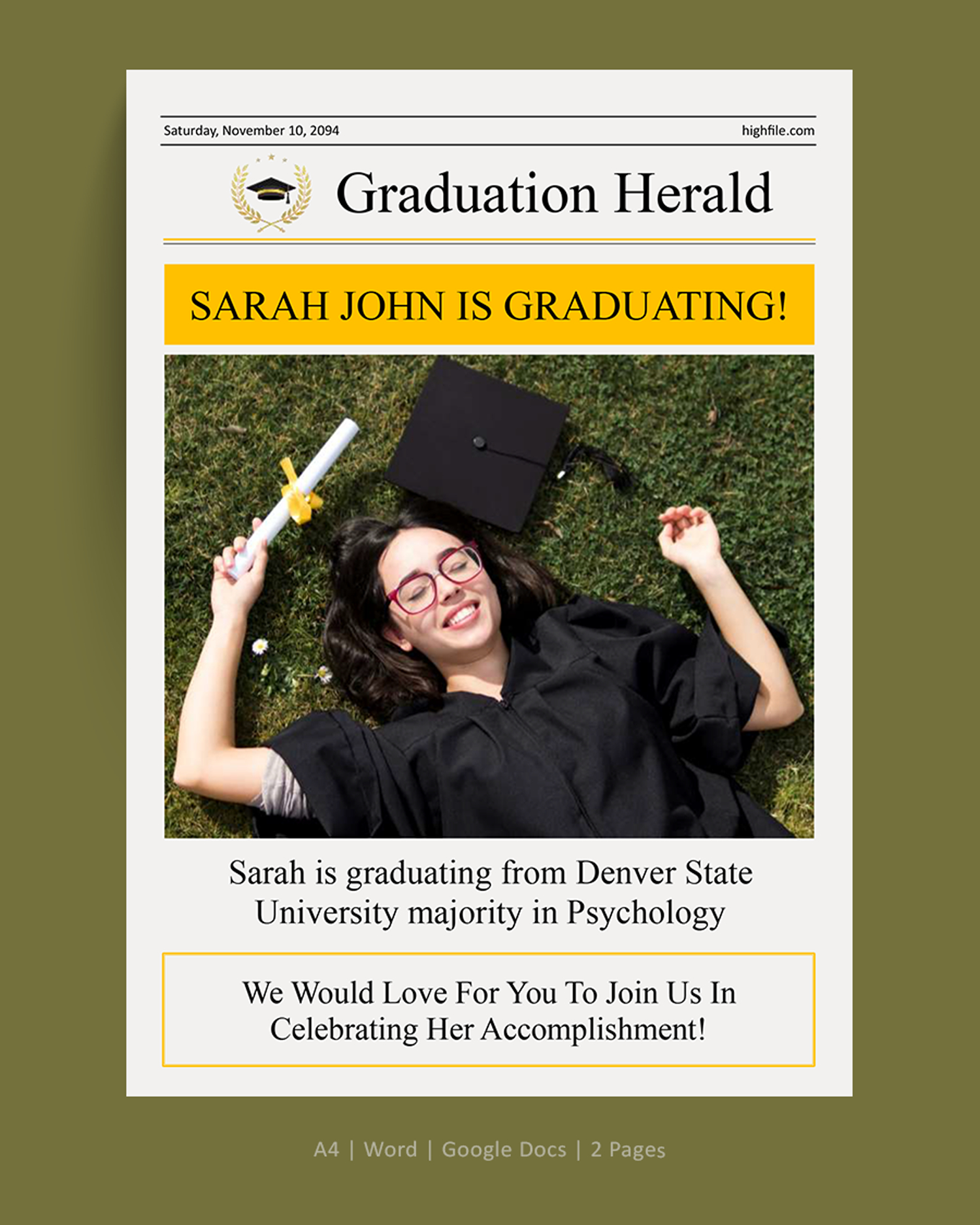 Yellow Graduation Newspaper Template - Word, Google Docs