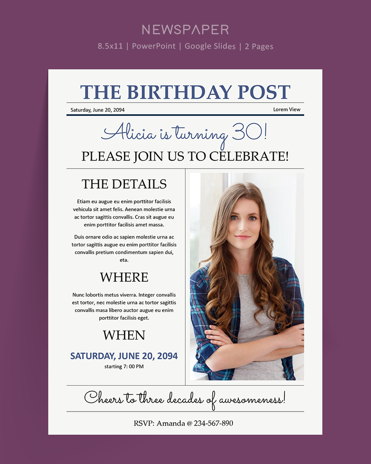Elegant Birthday Invitation Newspaper Template - PowerPoint, Google Slides