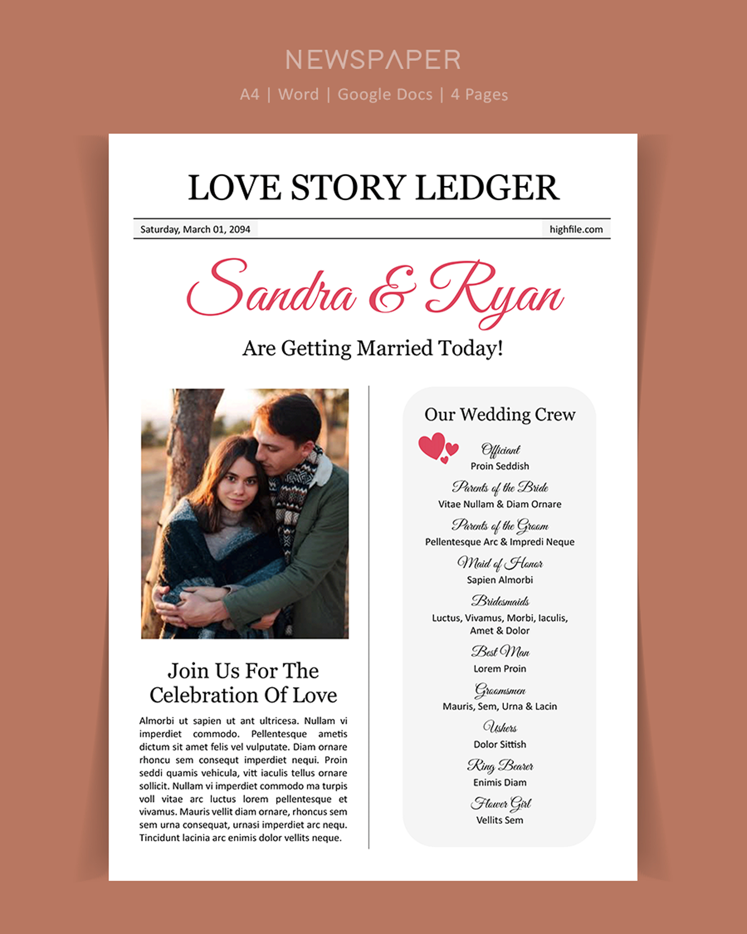 Elegant Wedding Program Newspaper Template - Word, Google Docs
