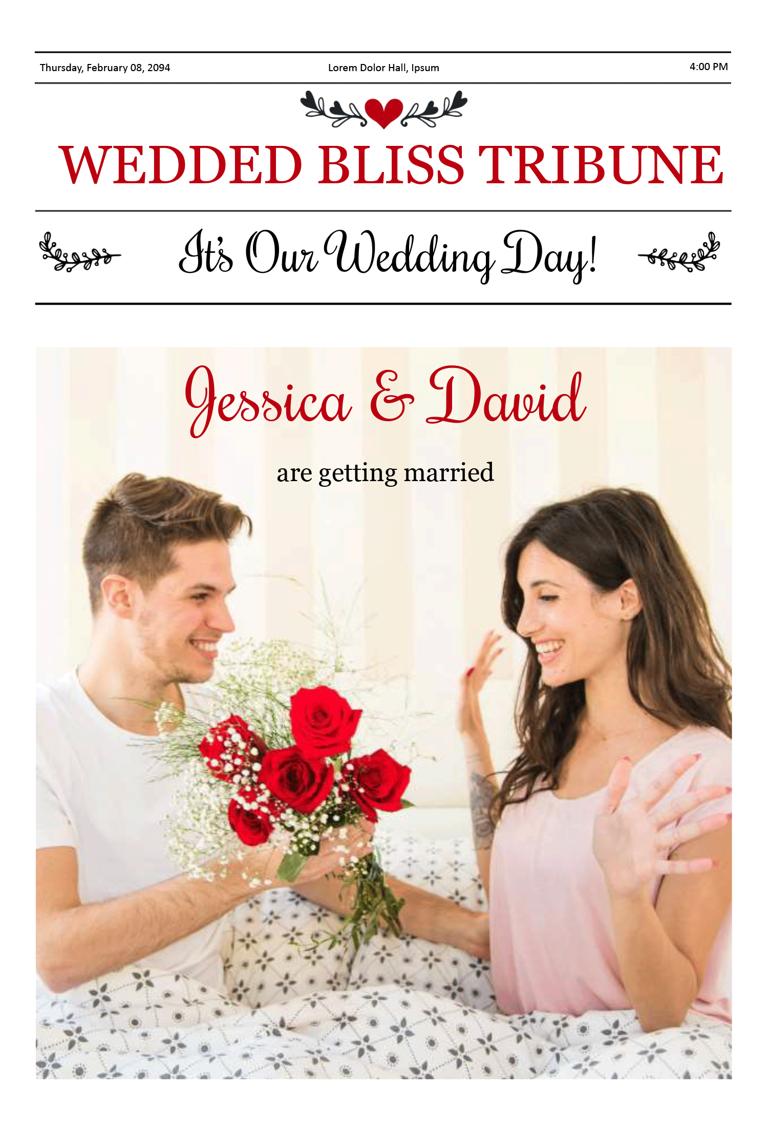 Large Wedding Newspaper Program Template - Front Page