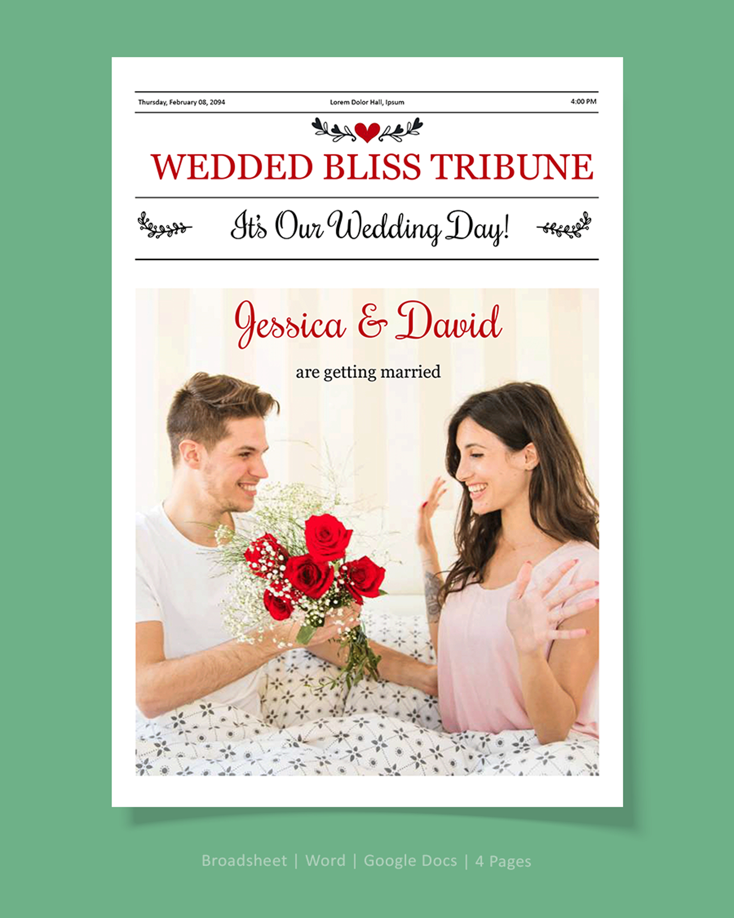 Large Wedding Newspaper Program Template - Word, Google Docs