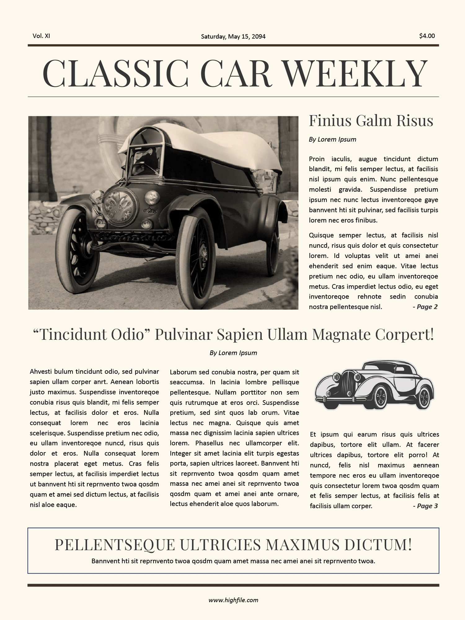 Vintage Car Newspaper Template - Front Page