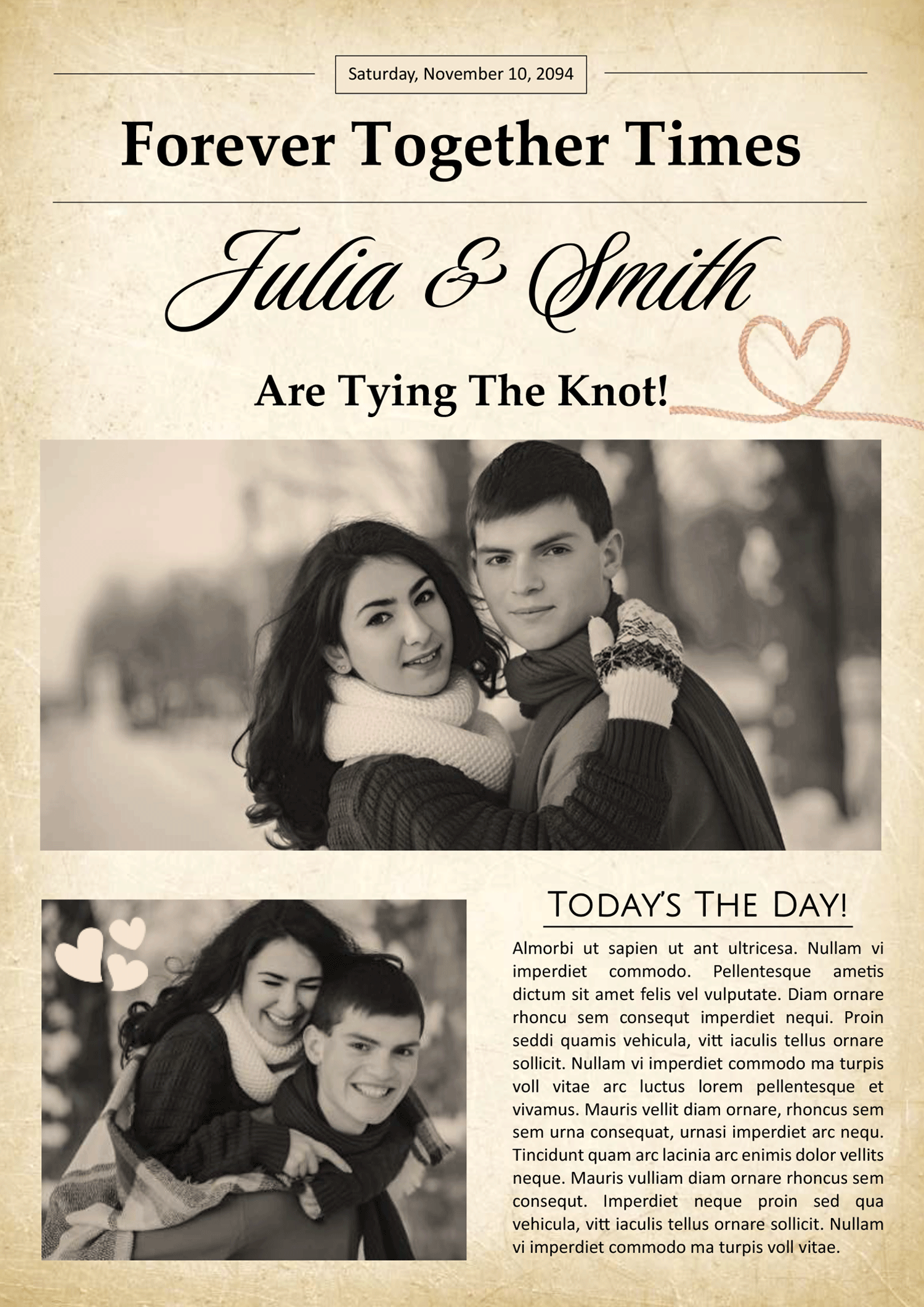 Vintage Themed Wedding Program Newspaper Template - Front Page