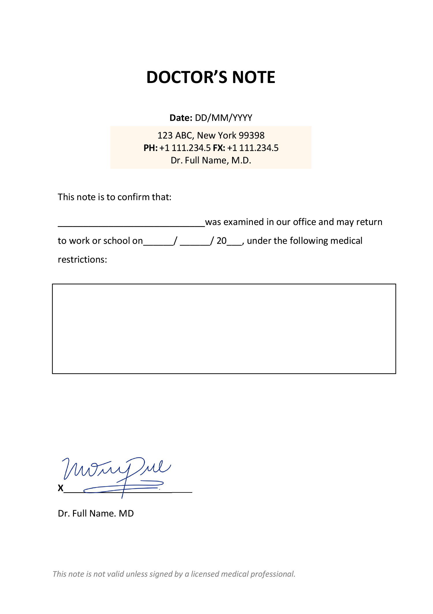 blank minimal doctor's note template - word | google docs - highfile